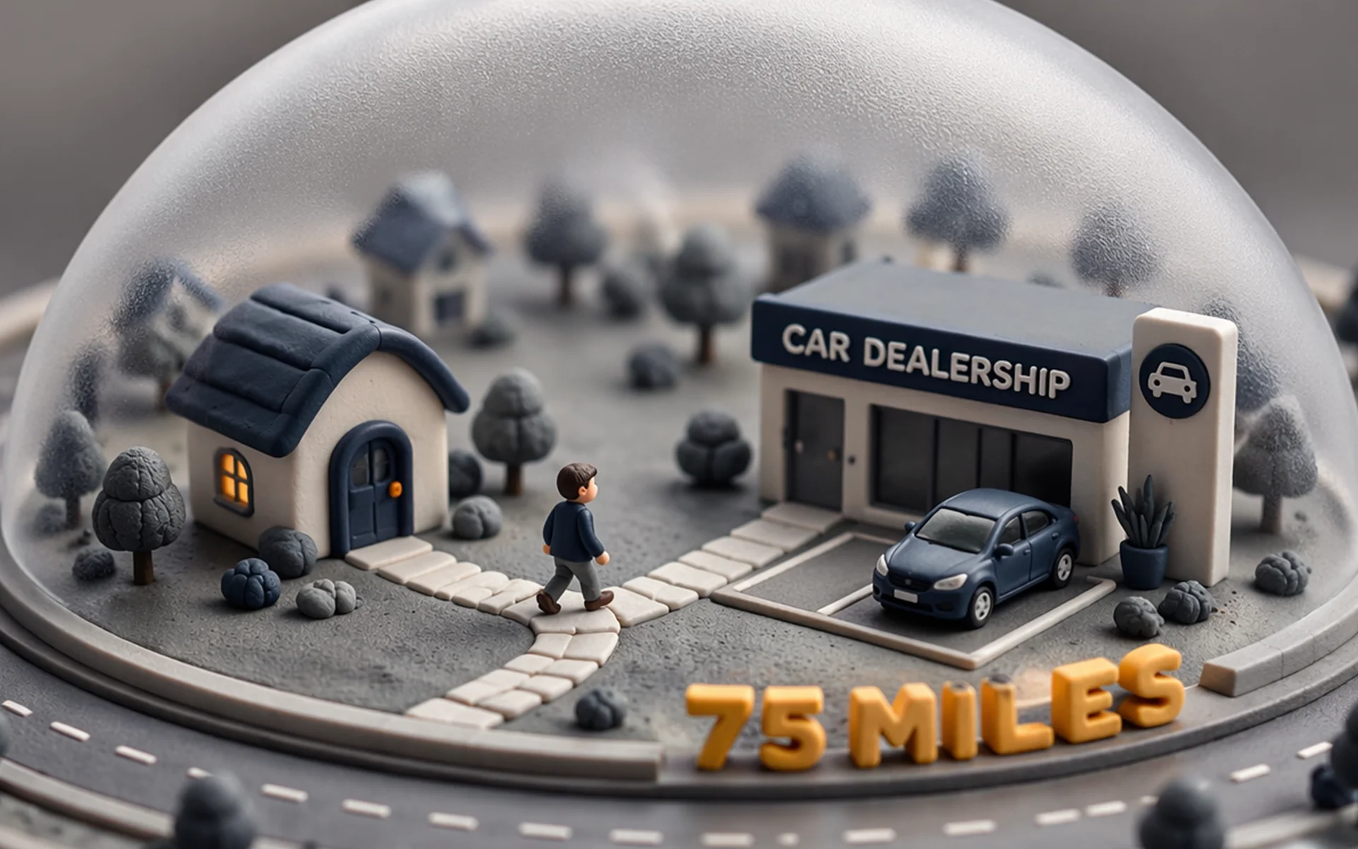 A miniature diorama under a glass dome depicting a tiny figure walking on a path from a house to a car dealership.