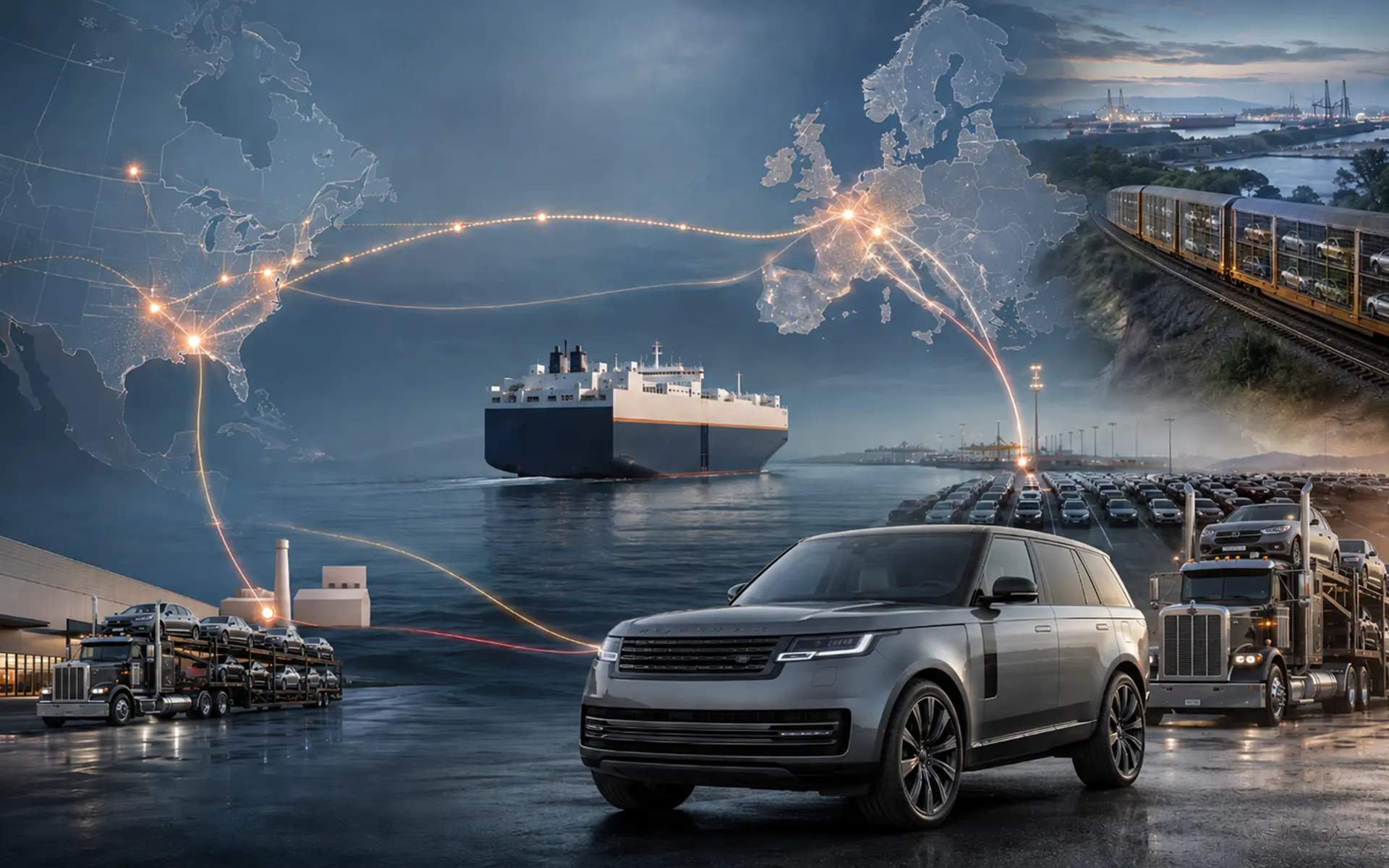 Land Rover car with a logistics chain illustration on the backround.