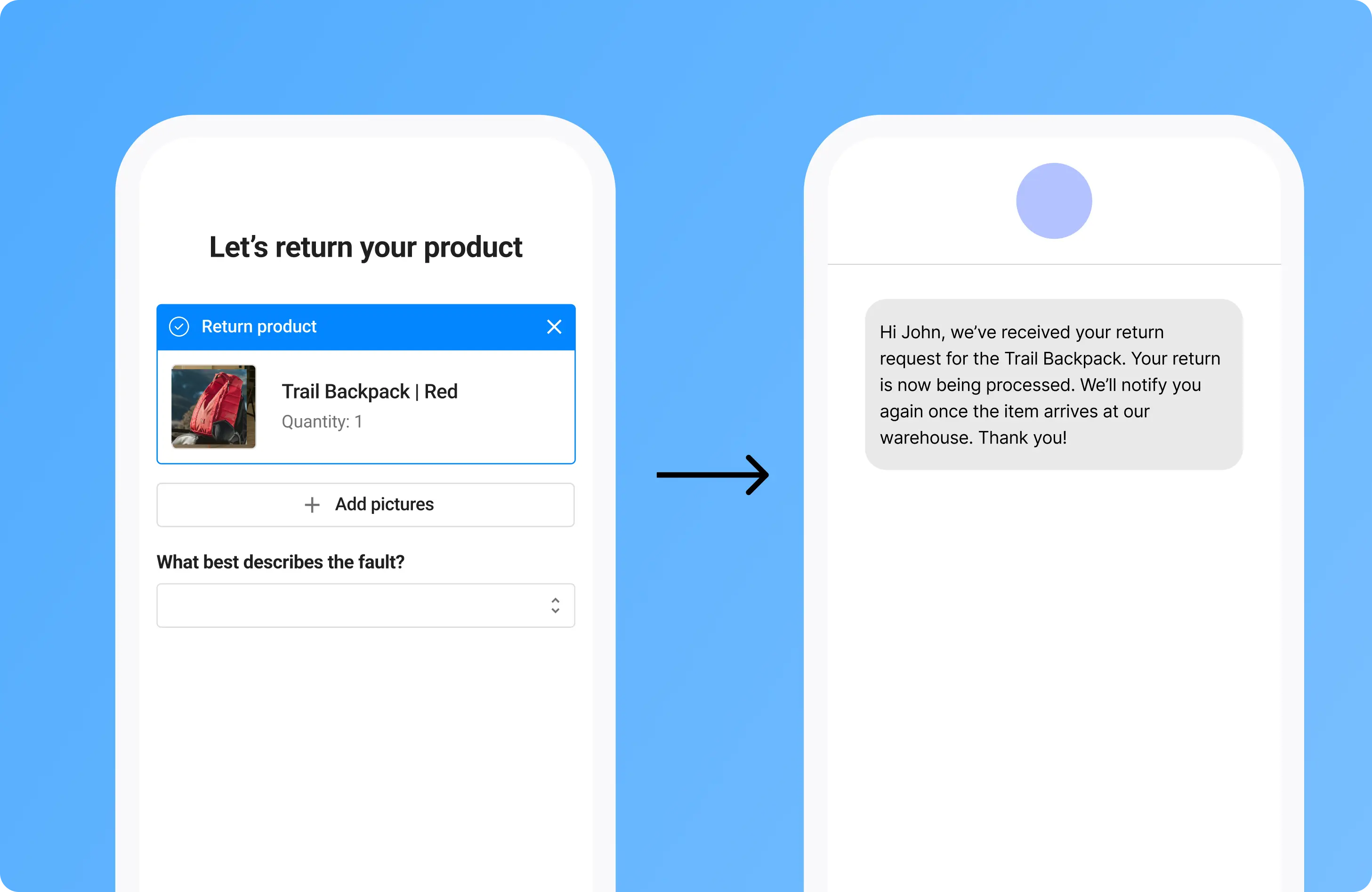 A mock up of a return portal of a phone and the customer receiving a SMS update
