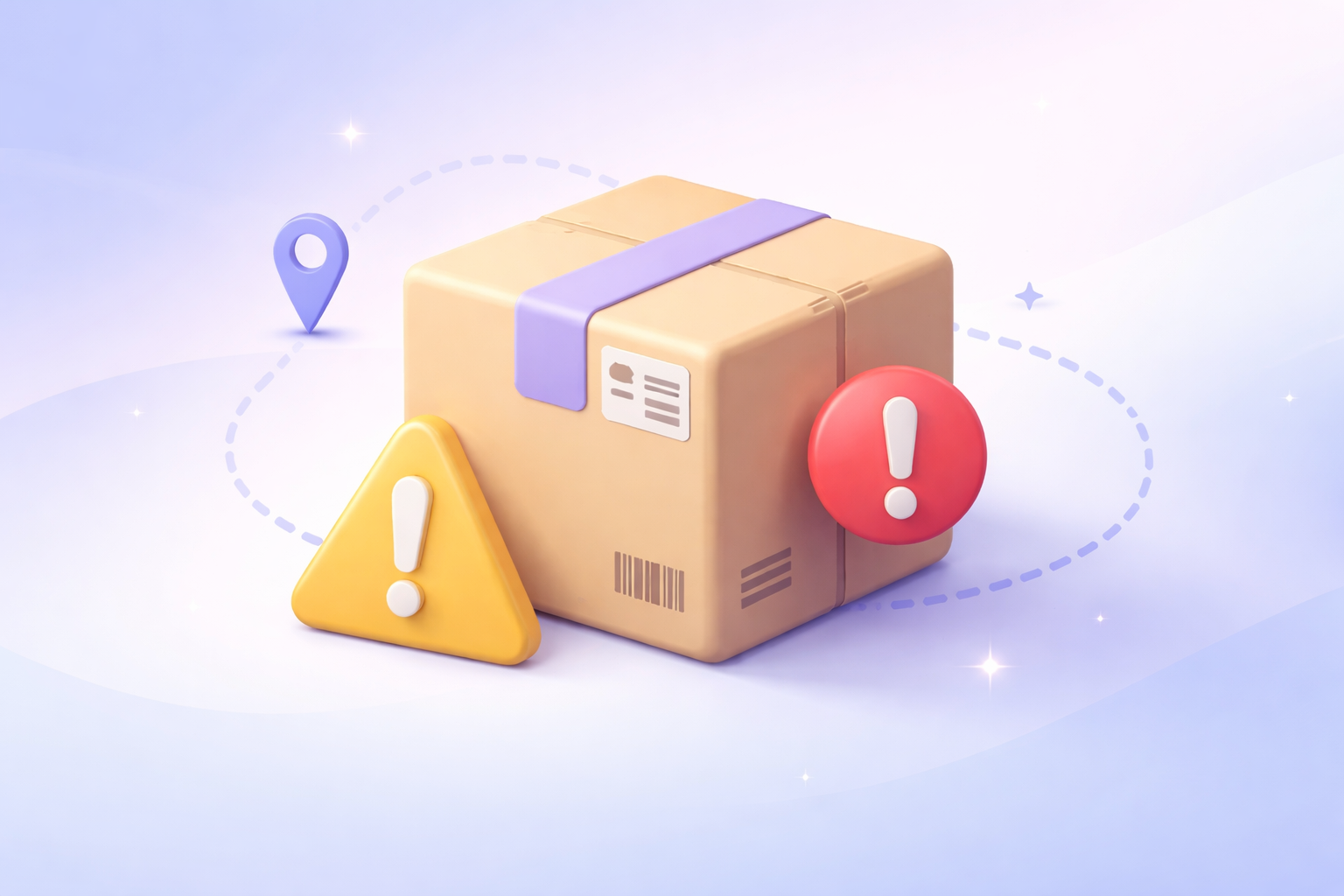 3D shipping box icon with an alert symbol on a soft purple gradient background