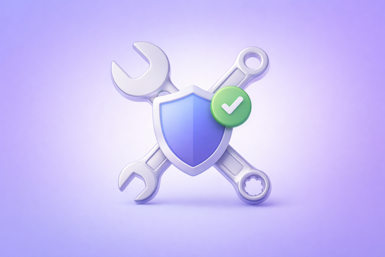 3D wrench and shield icon with a checkmark on a soft purple gradient background, representing warranty claims processing and automation
