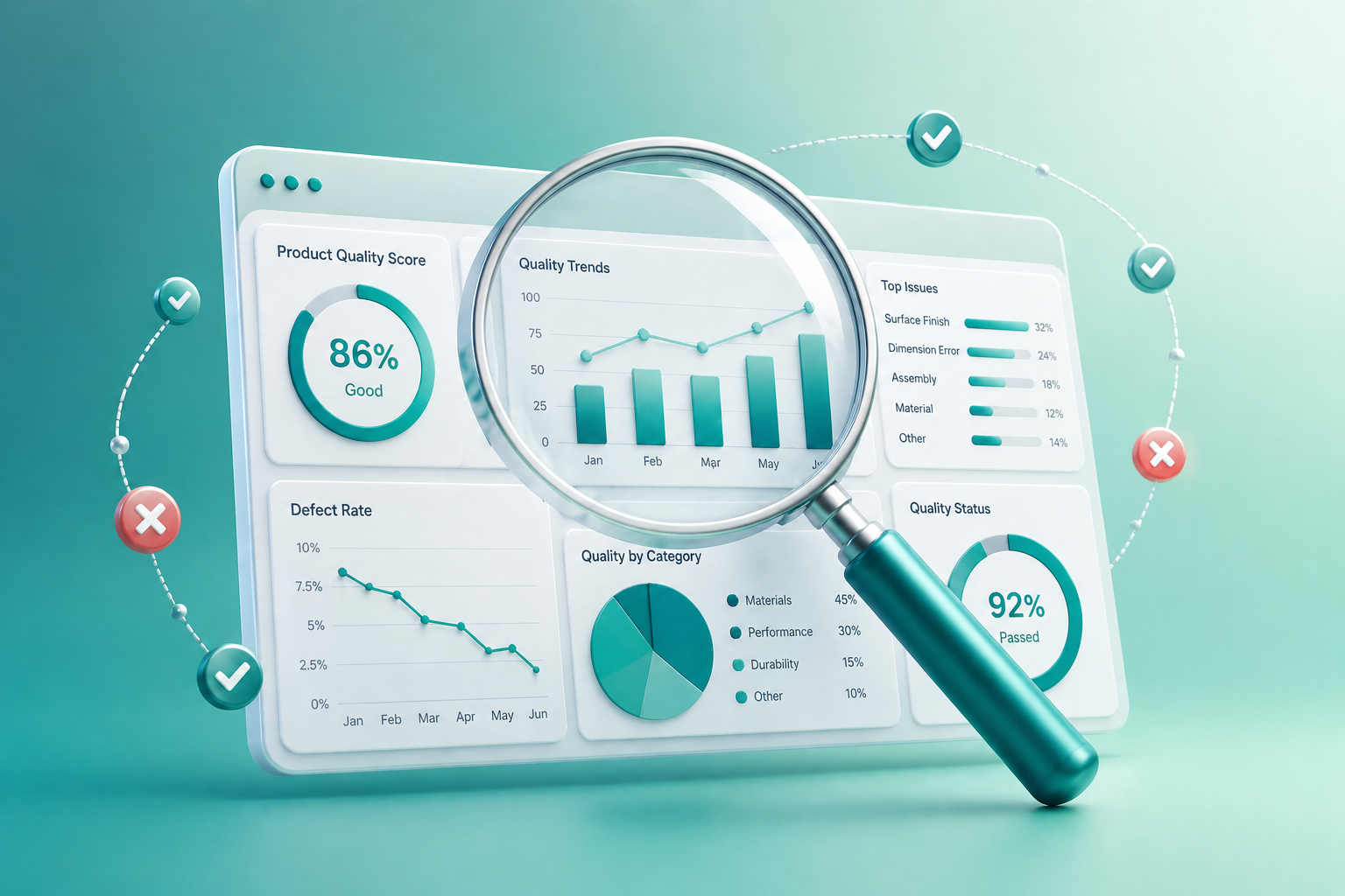 Abstract 3D magnifying glass hovering over a product quality dashboard on a soft purple gradient background