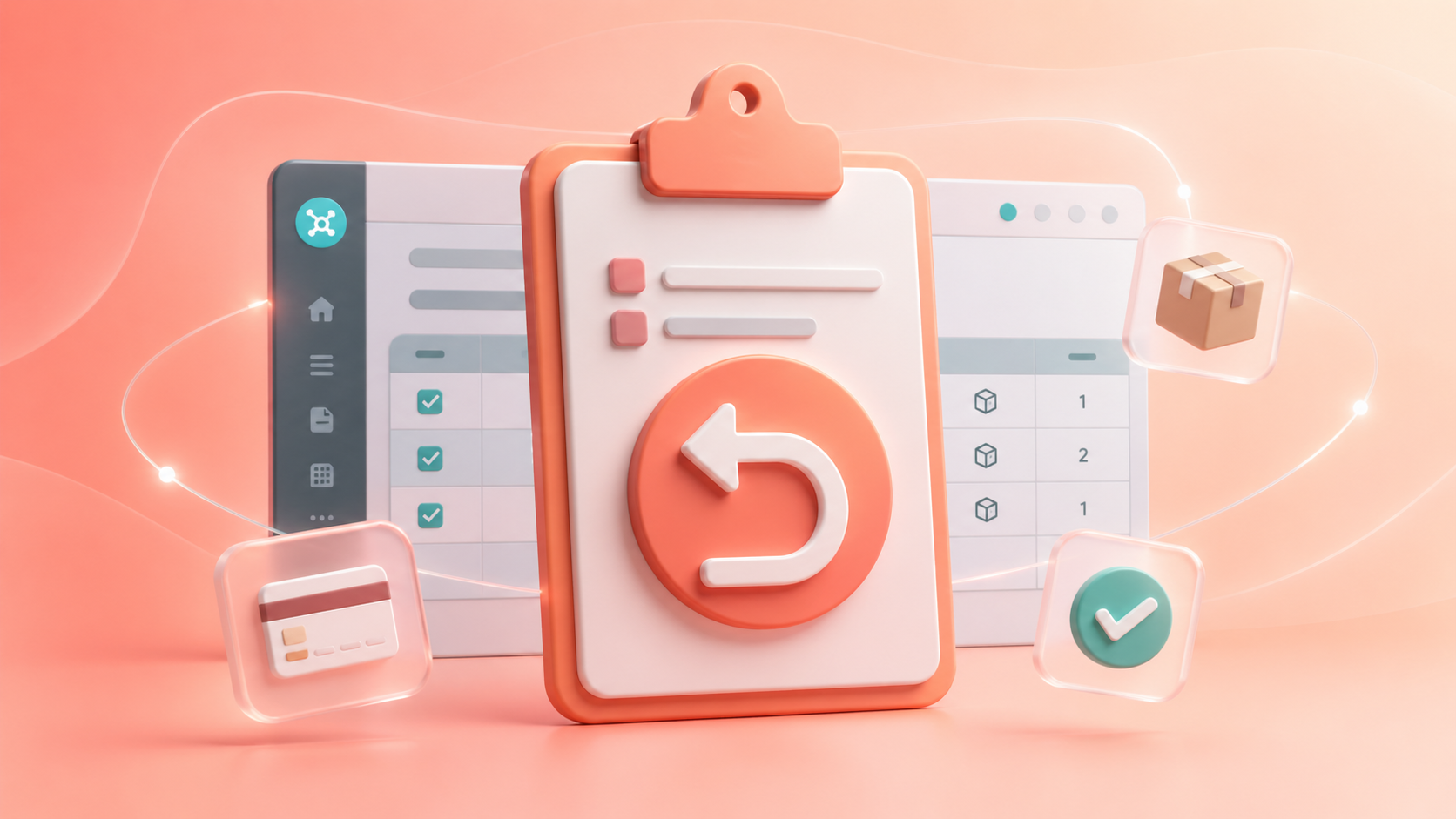 3D clipboard with a return arrow icon on a soft coral gradient background with floating ERP interface elements