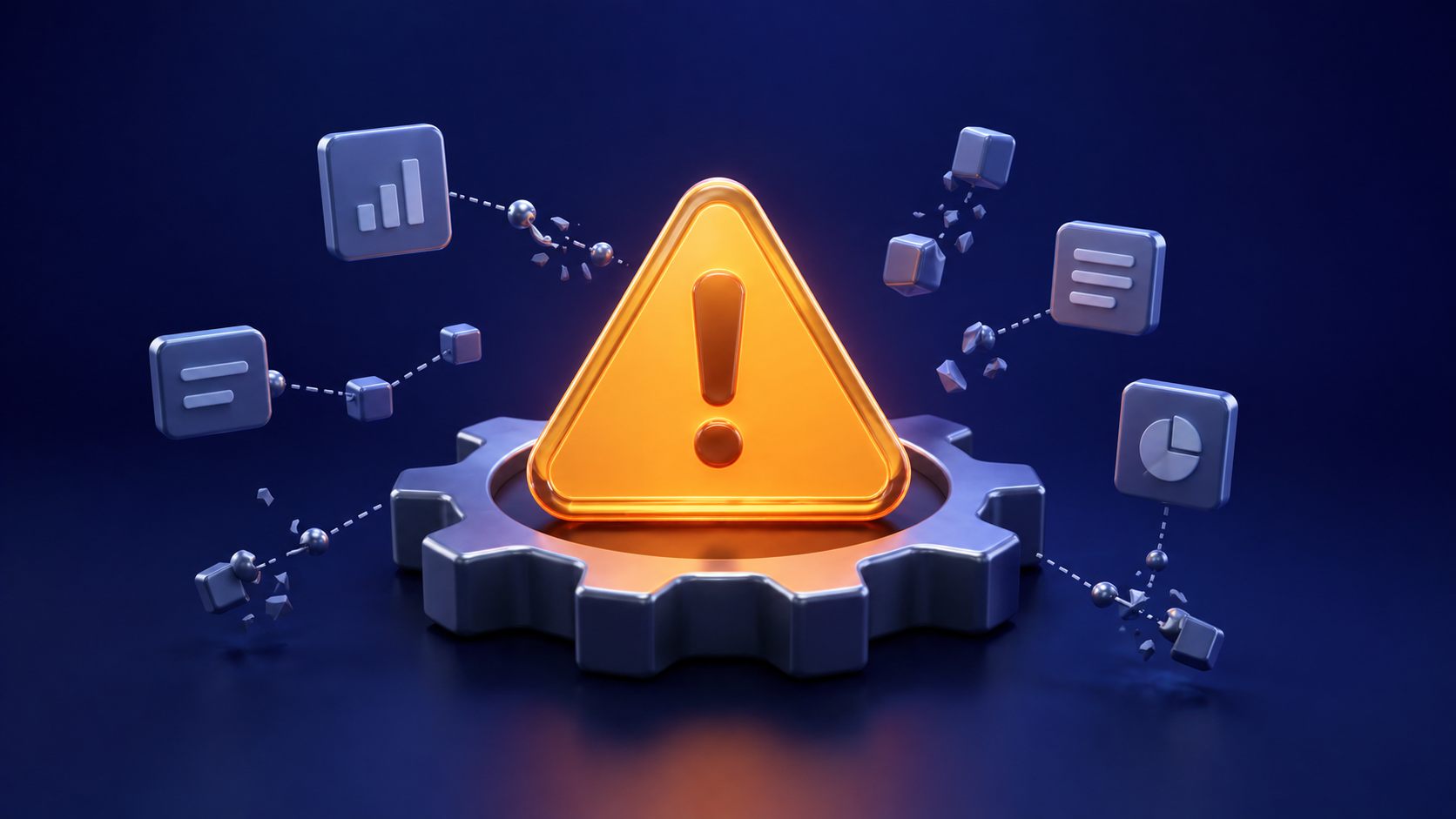 3D warning triangle with a gear icon on a deep indigo gradient background with fragmented data nodes