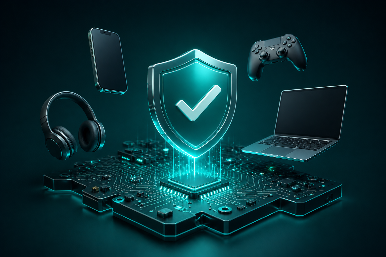 3D circuit board with a shield icon and return arrow on a dark teal gradient background with floating electronic component icons