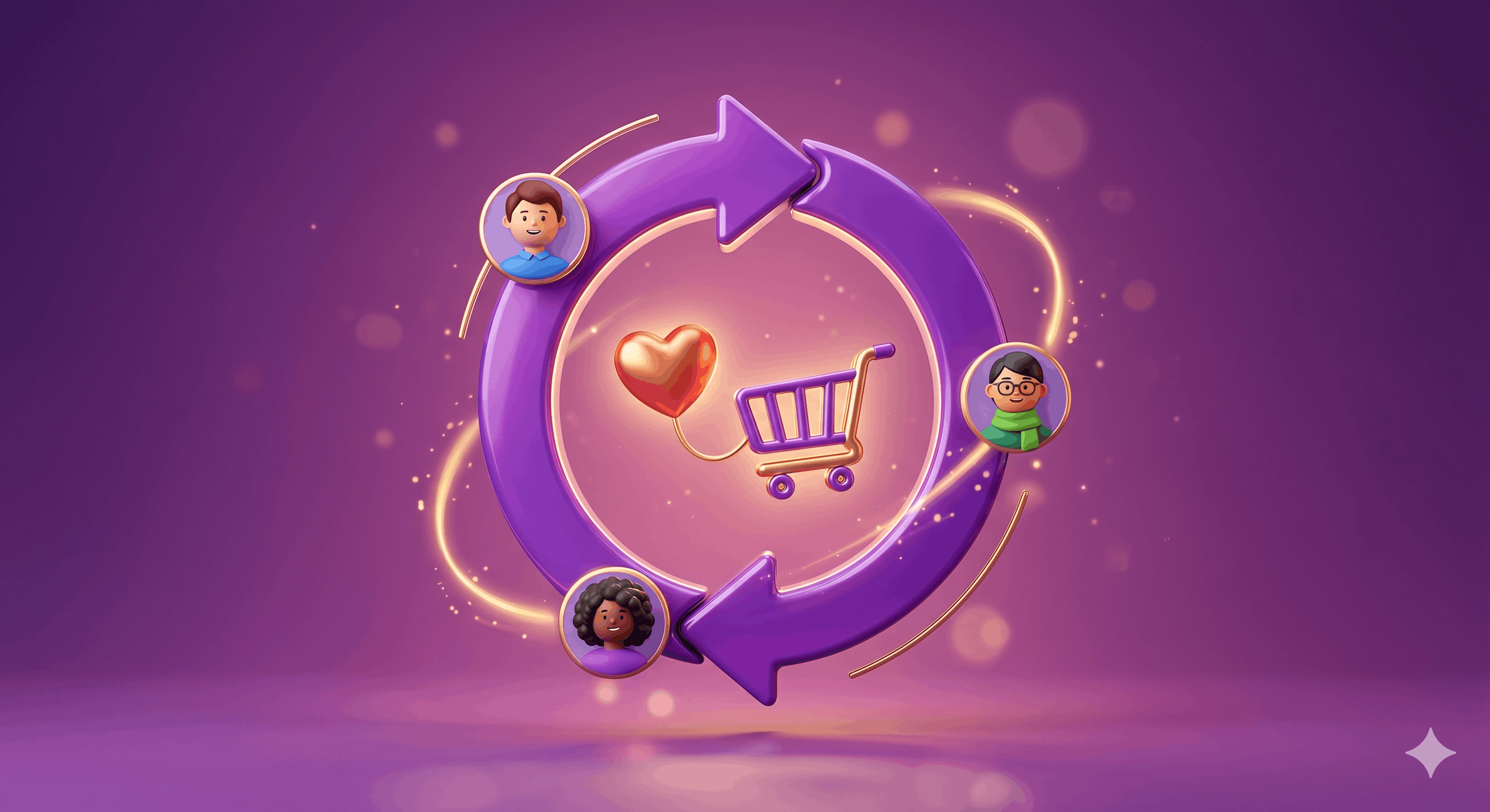 3D circular arrow icon with a heart and shopping cart on a warm purple gradient background