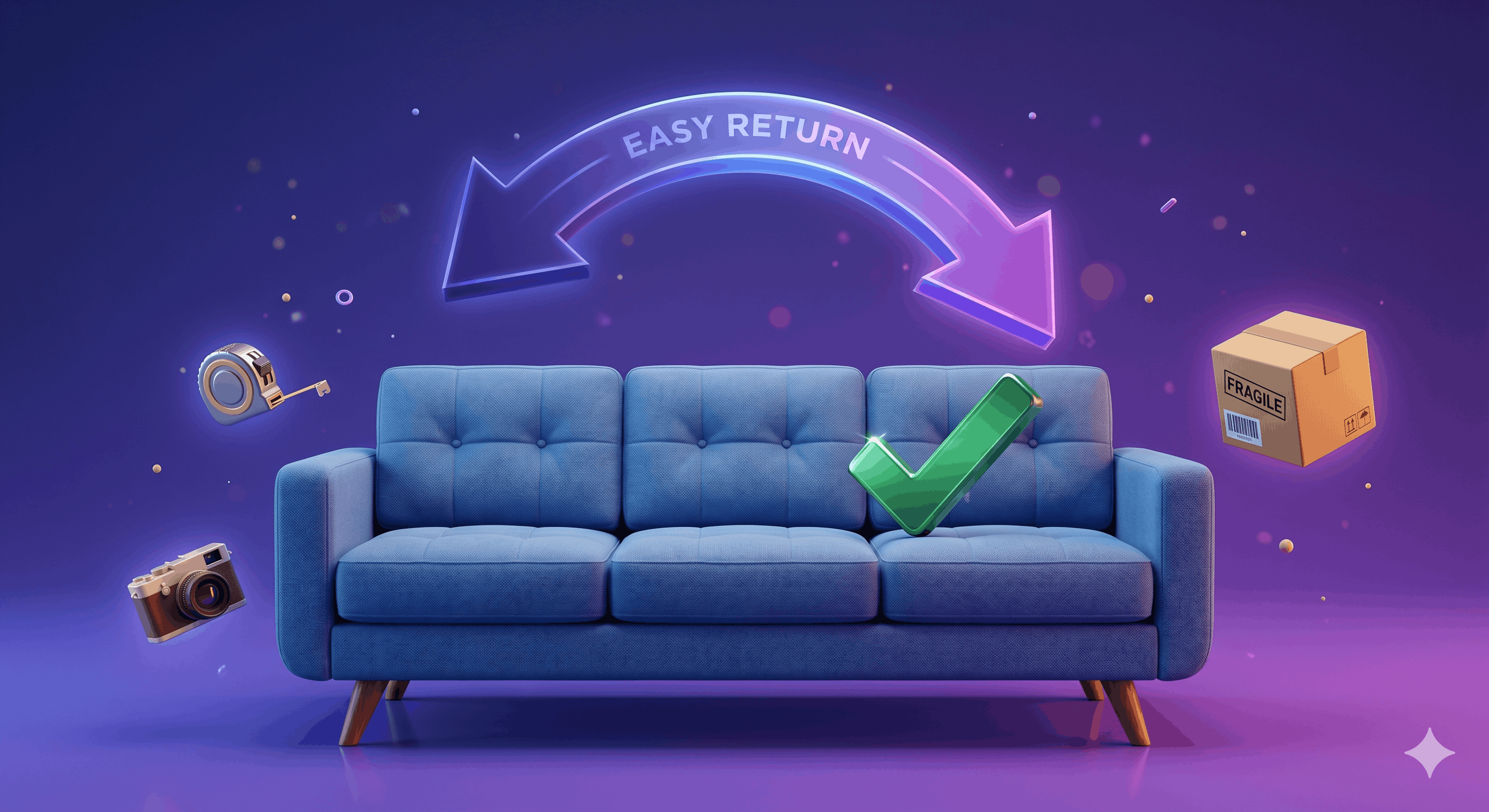 3D sofa with a return arrow and checkmark floating above it on a warm indigo gradient background