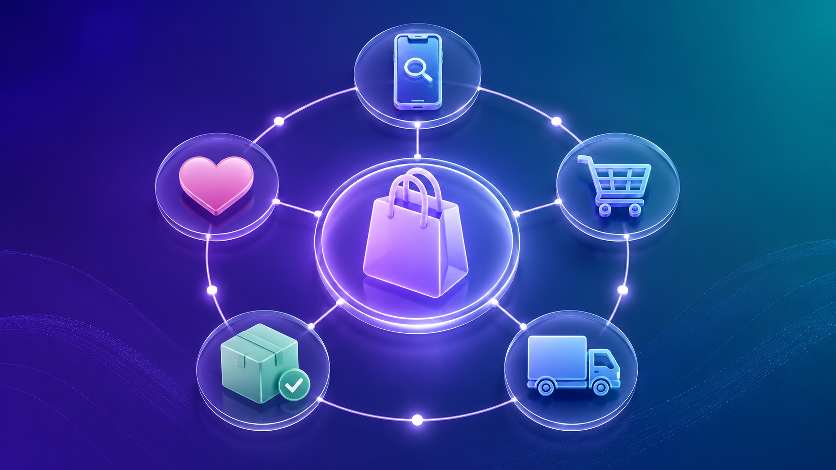 3D illustration of interconnected digital touchpoints forming a customer journey map on a deep indigo-to-teal gradient background