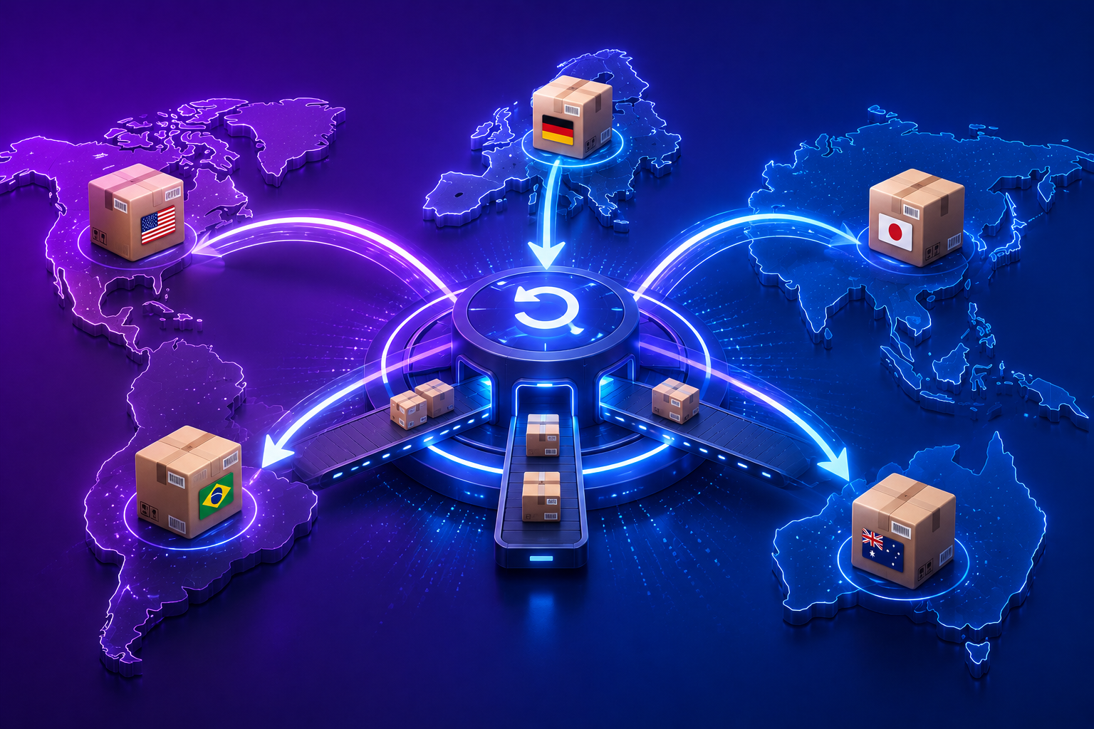 3D packages crossing between country outlines with return arrows on a deep purple to ocean blue gradient