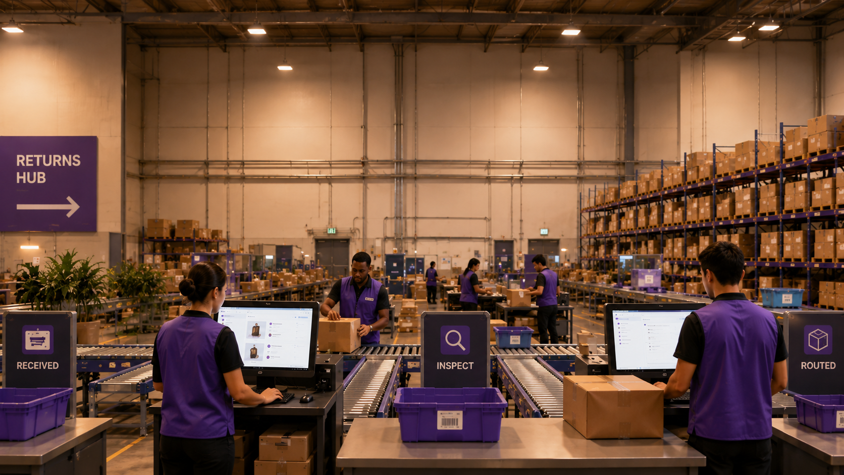 Returns warehouse with AI-assisted RMA dashboard on a wall display