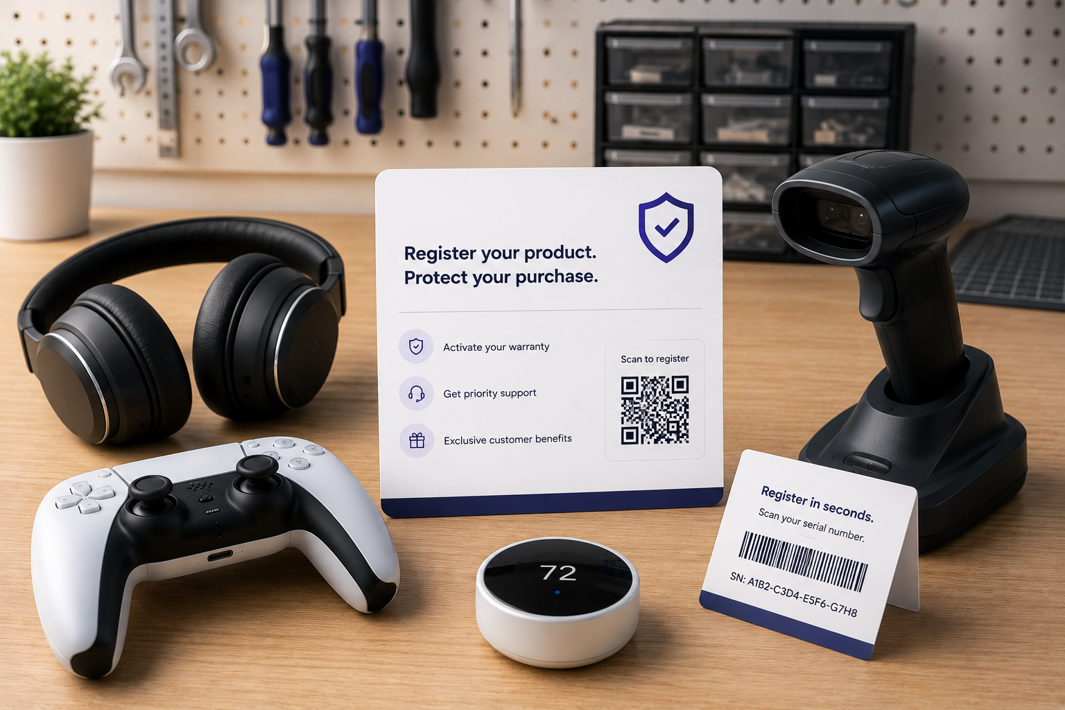 Consumer electronics laid out on a workbench with a warranty registration card and serial scanner