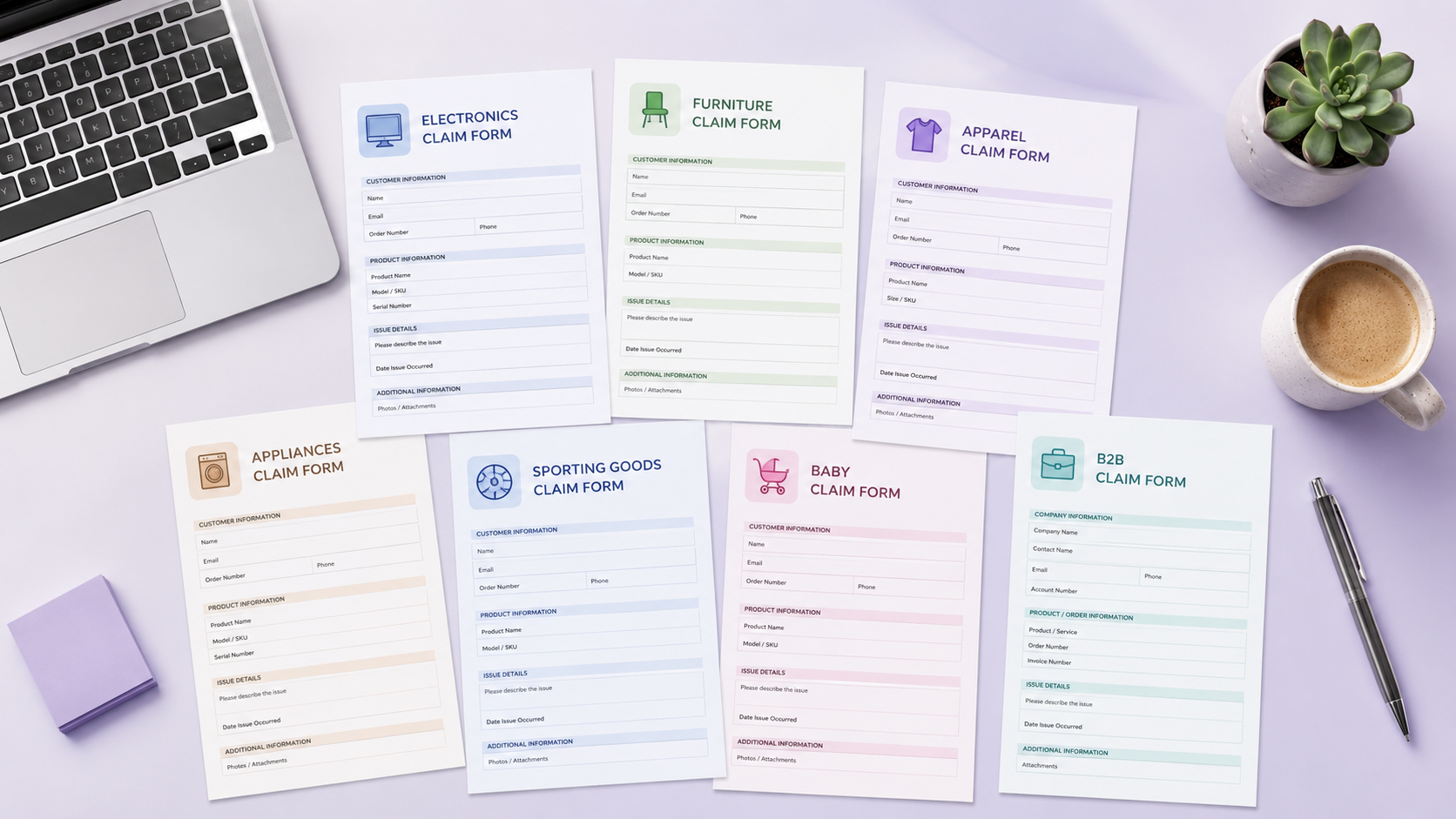 Warranty claim form layouts spread across a desk with a laptop showing a digital claims portal.