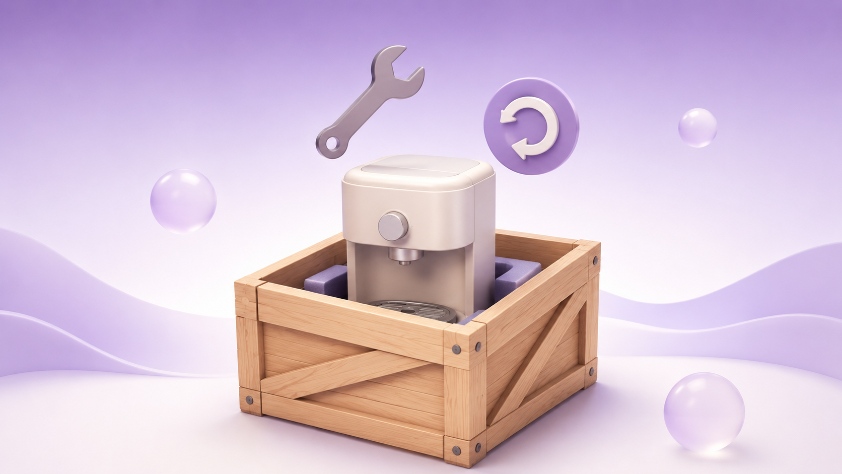 A 3D illustrated product inside an open repair crate with a circular turnaround-arrow badge and a small wrench beside it on a soft purple gradient with orbs.