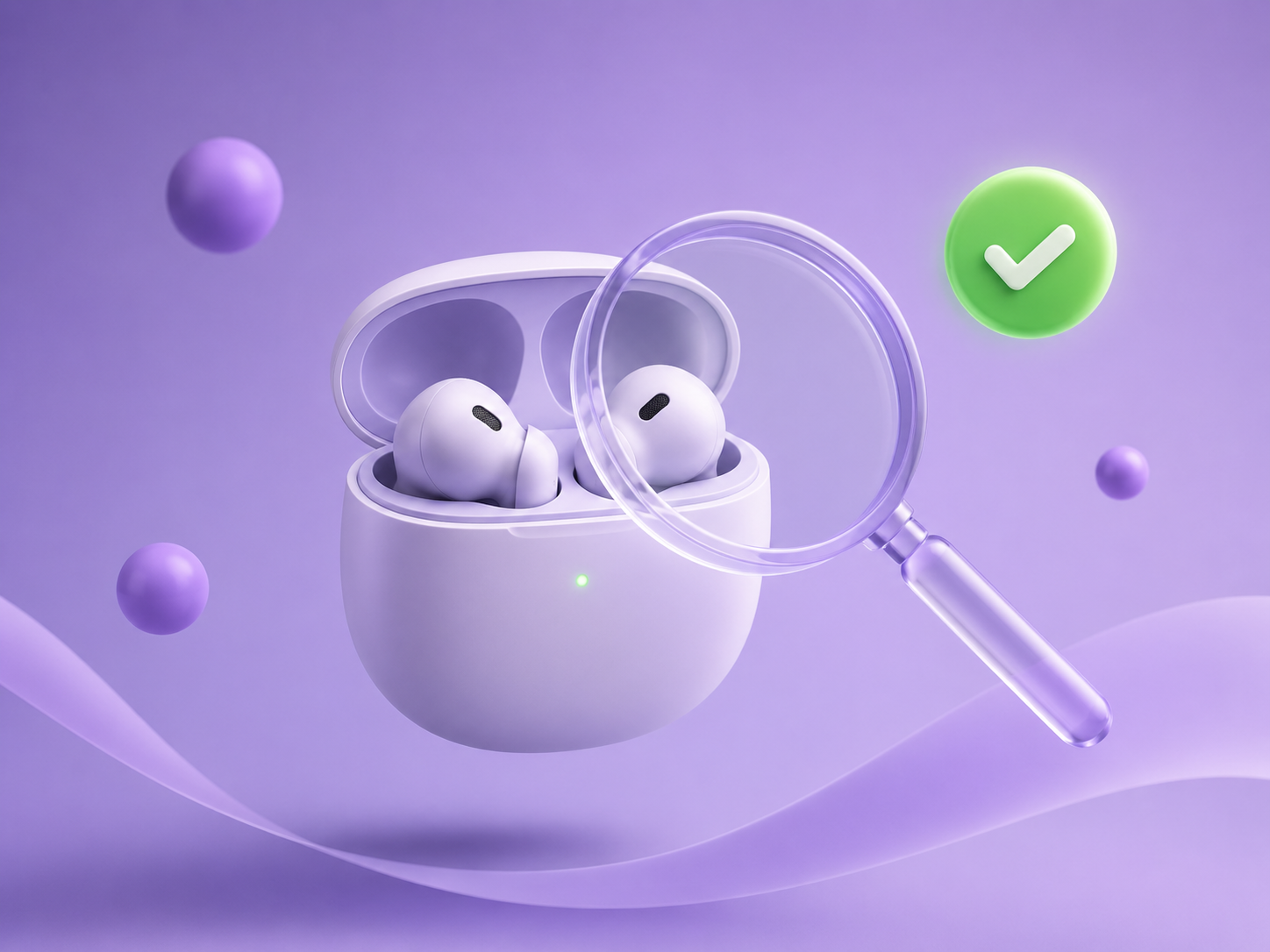A 3D illustrated electronic device floating intact beside a magnifying glass and a green check badge on a soft purple gradient, signalling a returned product that shows no defect.