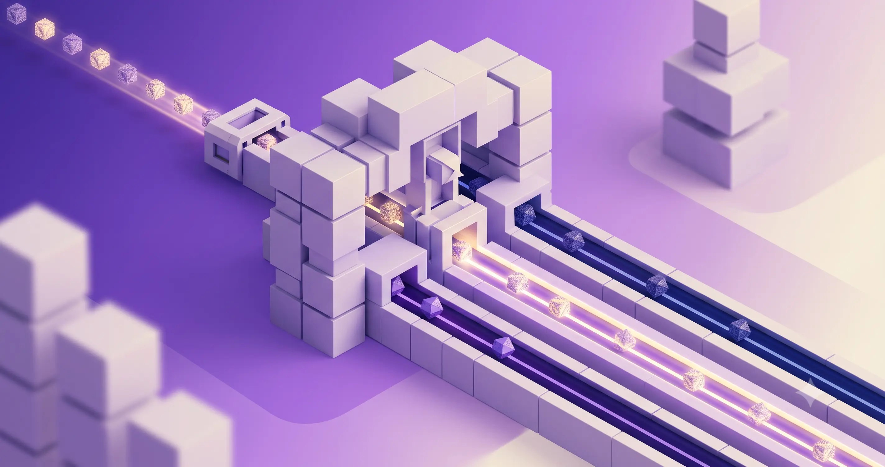 Isometric illustration of claims sorting into three routed lanes through a modular purple gateway.