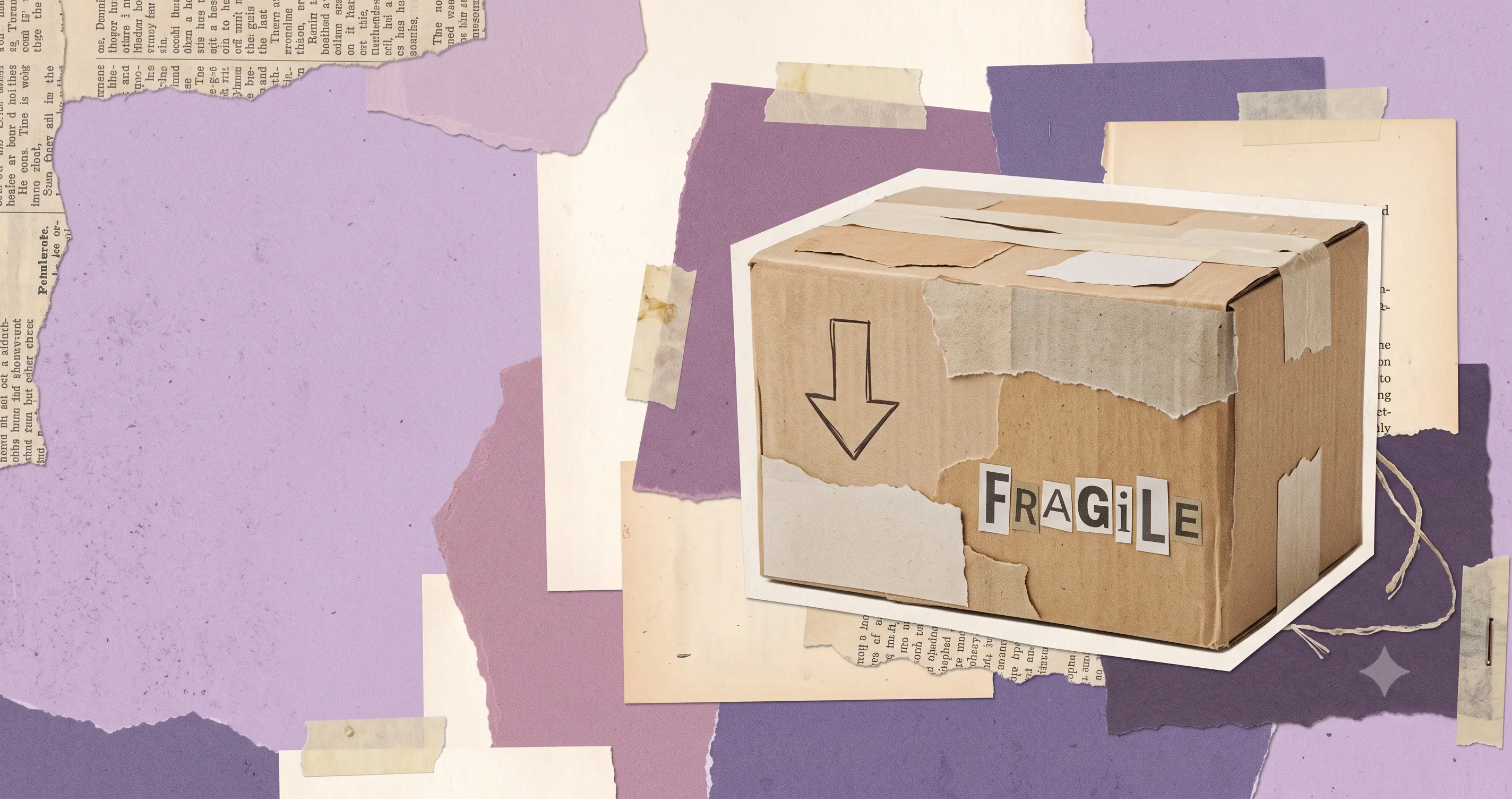 Editorial collage of a return box and a wolf-in-sheep badge on clipped paper textures in soft purple.