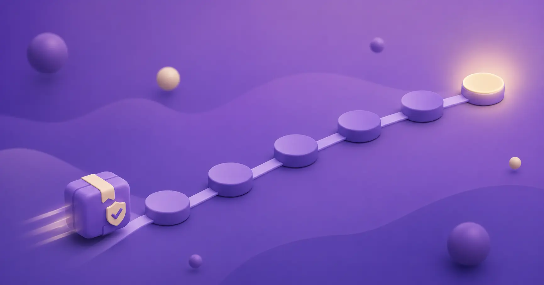 Soft 3D illustration of a warranty claim moving along a curved path through six stage markers on a purple gradient.