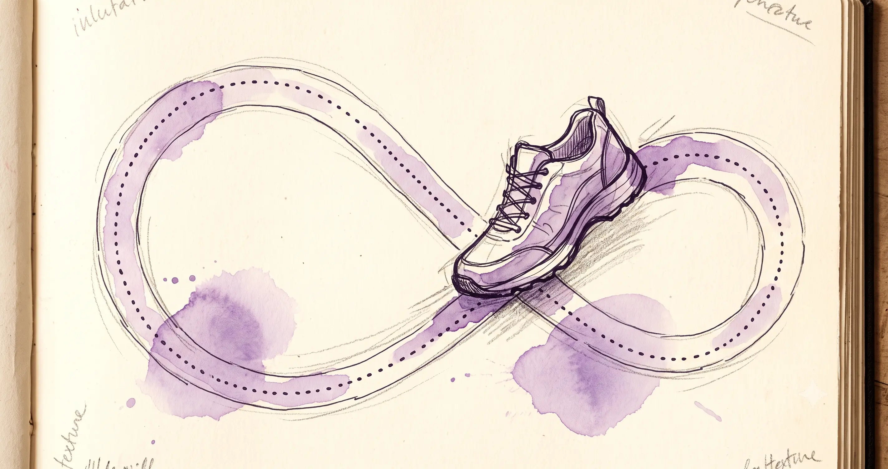 Hand-drawn sketch of a shoe returning along a looping path with watercolor purple wash and loose lines.