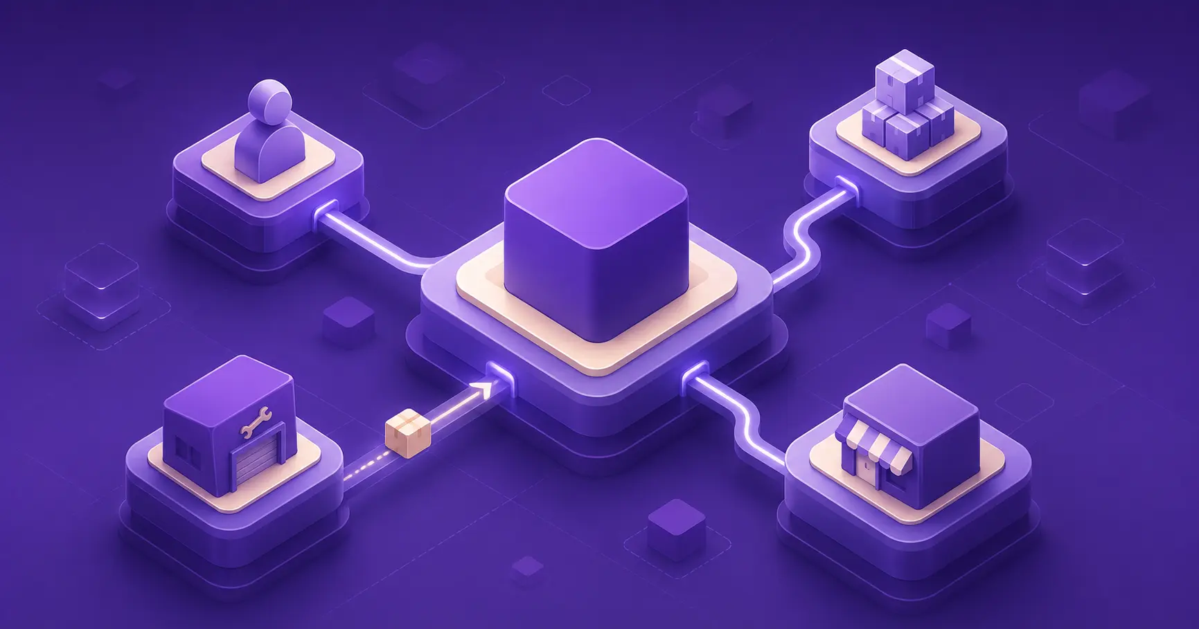 Isometric map of an automotive warranty claim moving between customer, workshop, dealer, brand, and supplier nodes in purple.