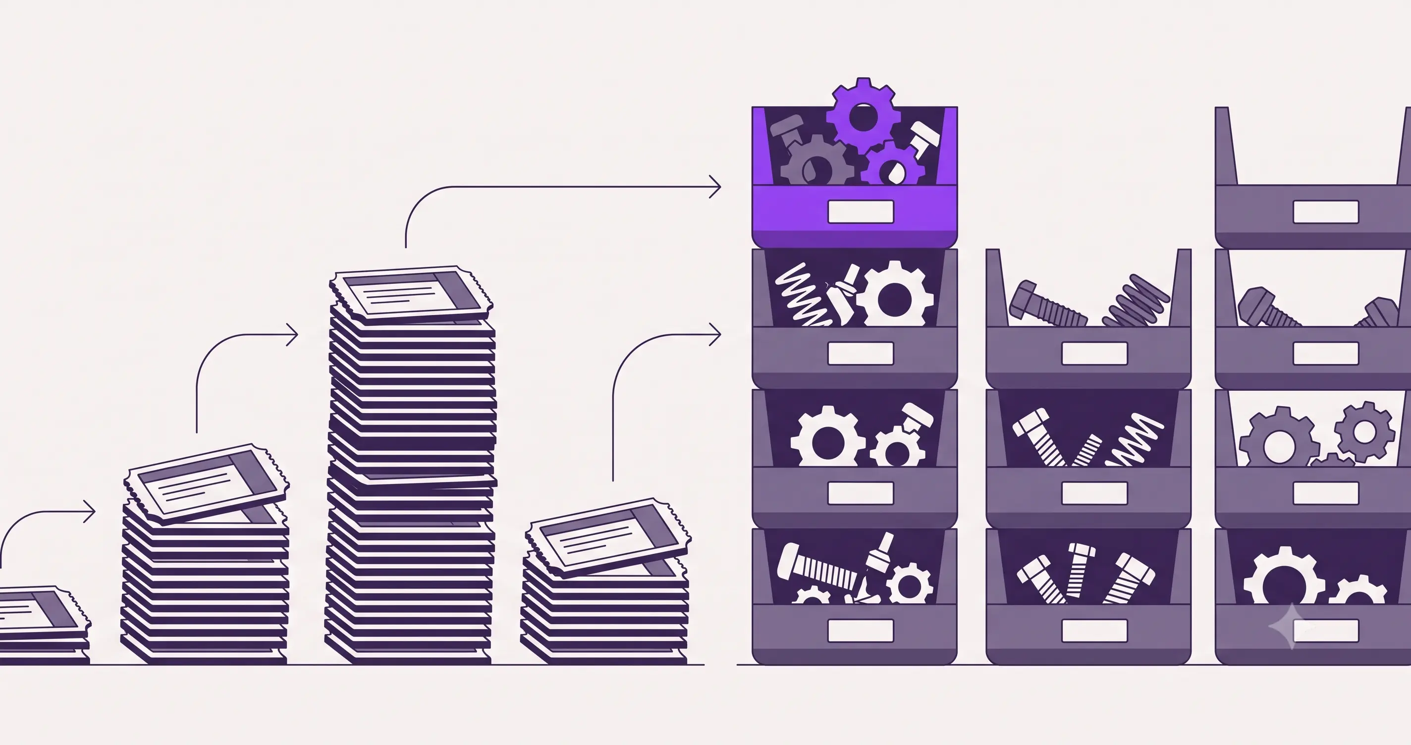 Flat geometric illustration of a claim queue feeding into stacked spare-parts bins in two-tone purple and cream.