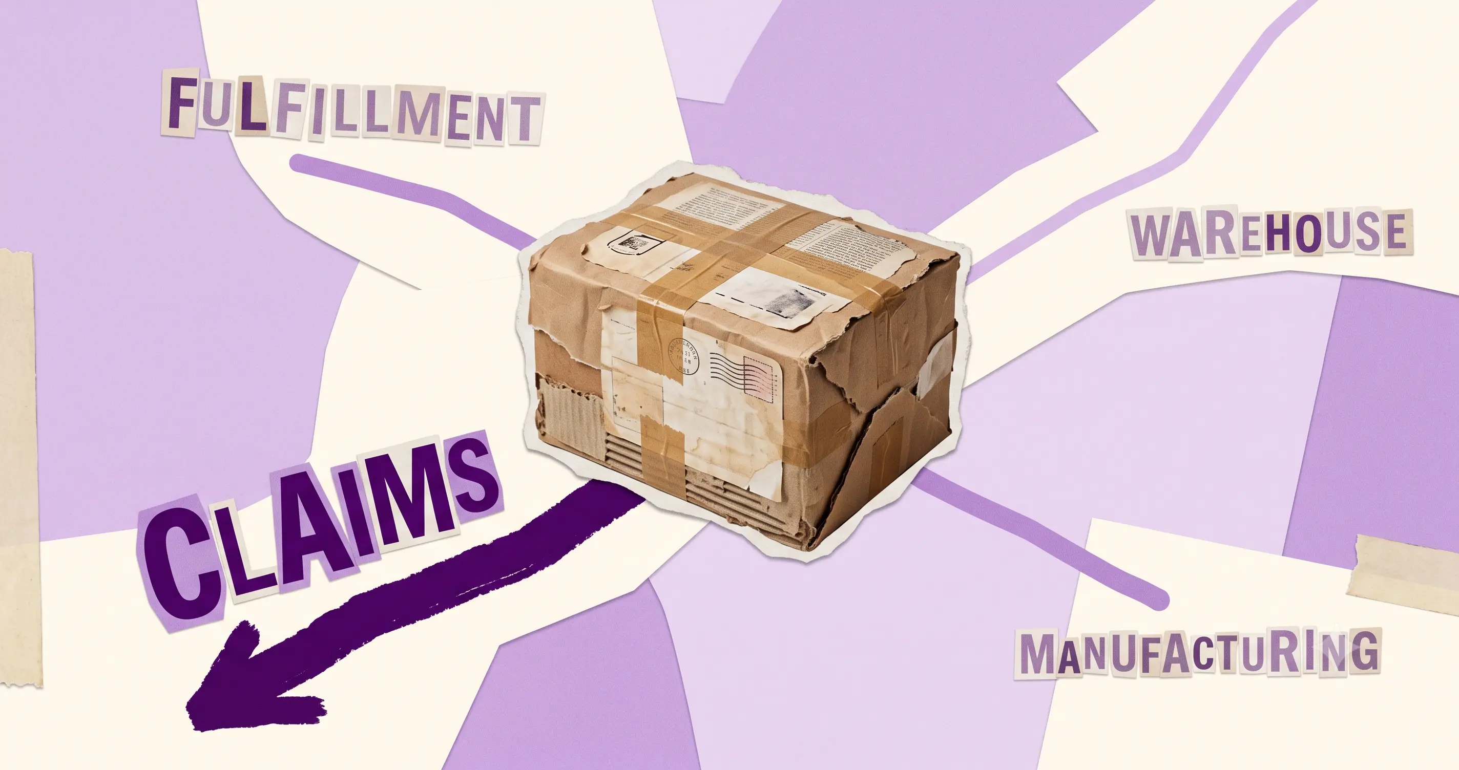 Editorial collage of four labelled post-purchase paths splitting from one parcel on clipped paper in soft purple.
