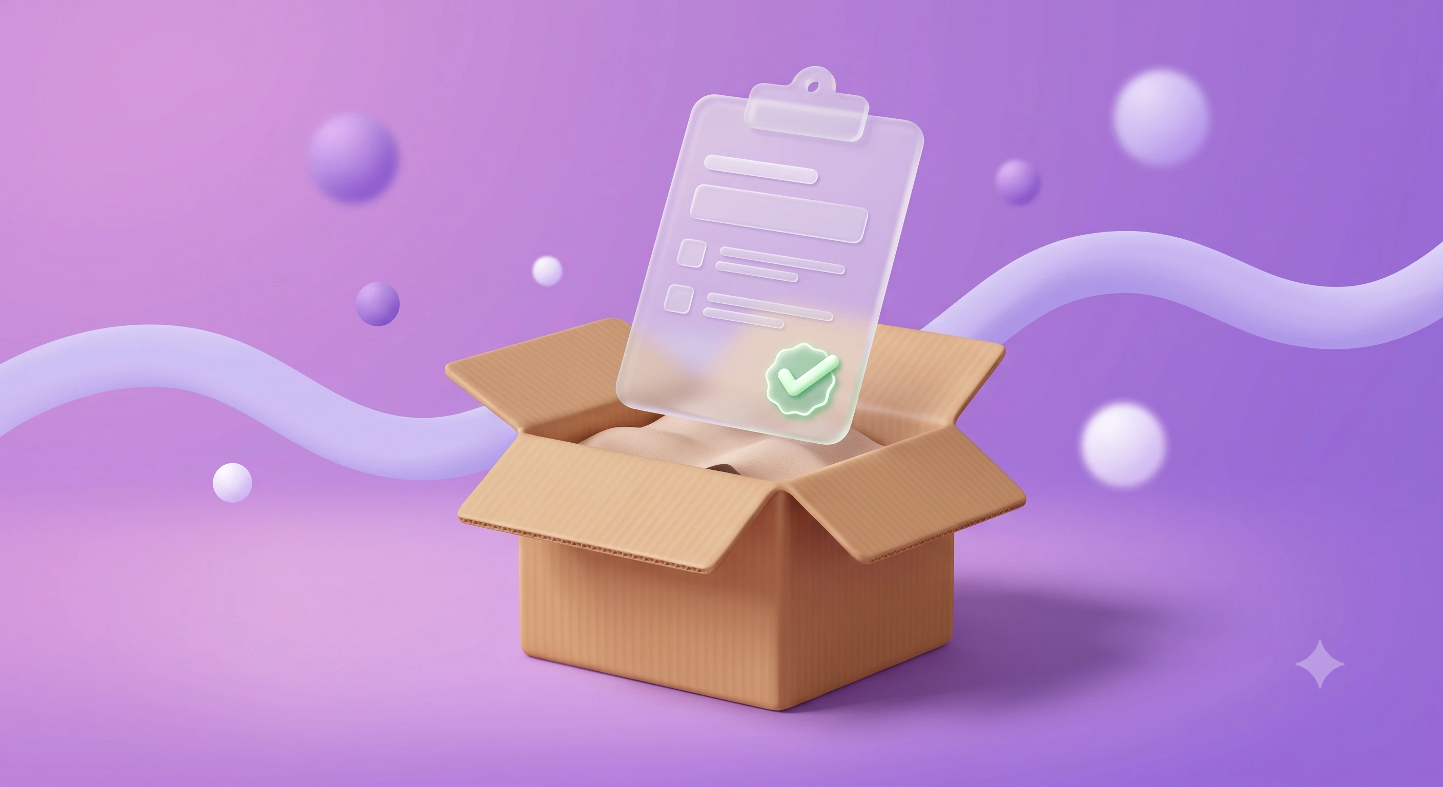 Soft 3D illustration of a return parcel beside a floating clipboard form on a purple gradient with orbs.