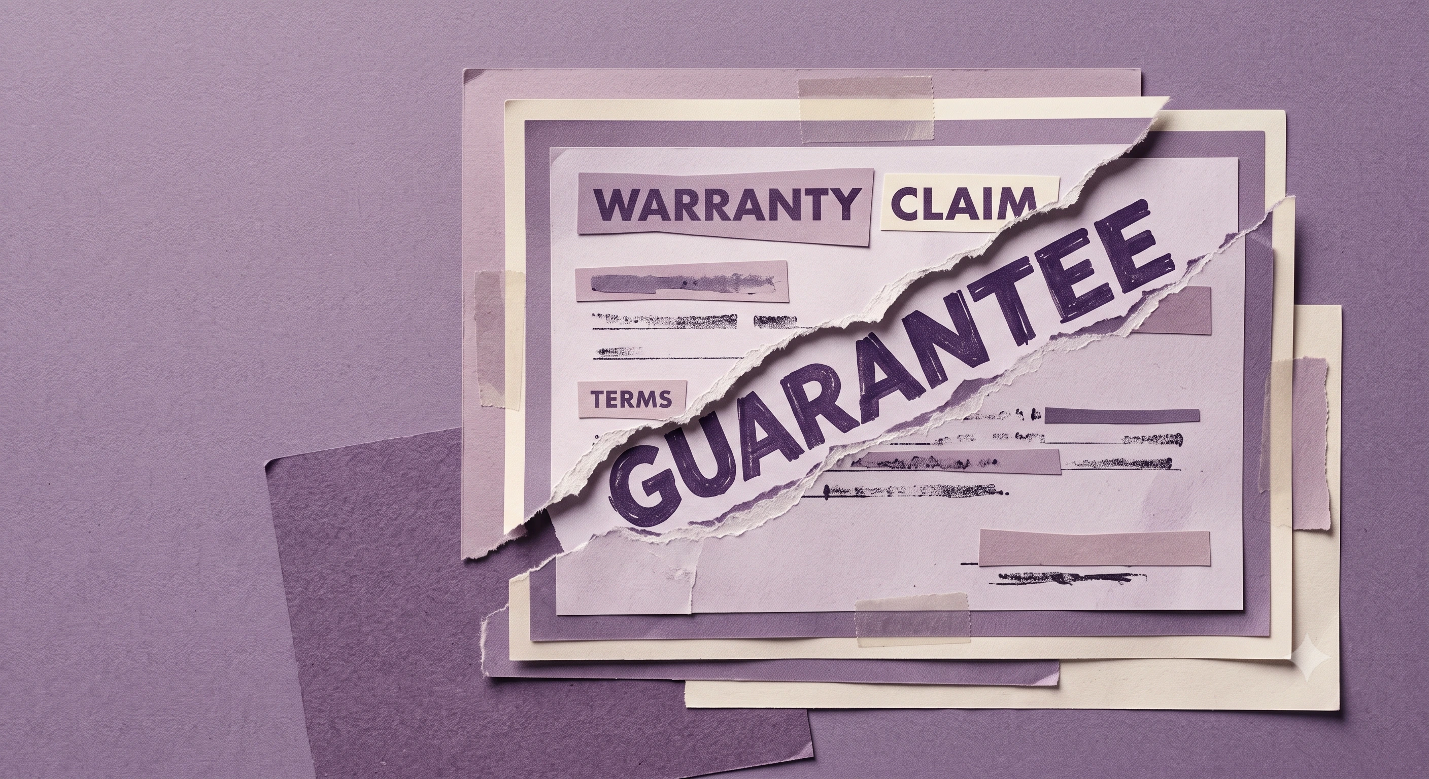 Editorial paper collage in soft purple of a warranty certificate torn along its guarantee clause, asymmetric with grain.