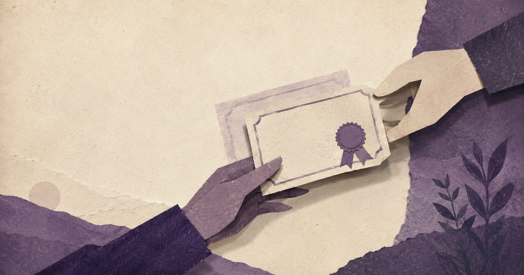 Editorial paper collage in soft purple of a warranty card passing between two hands, asymmetric with grain.