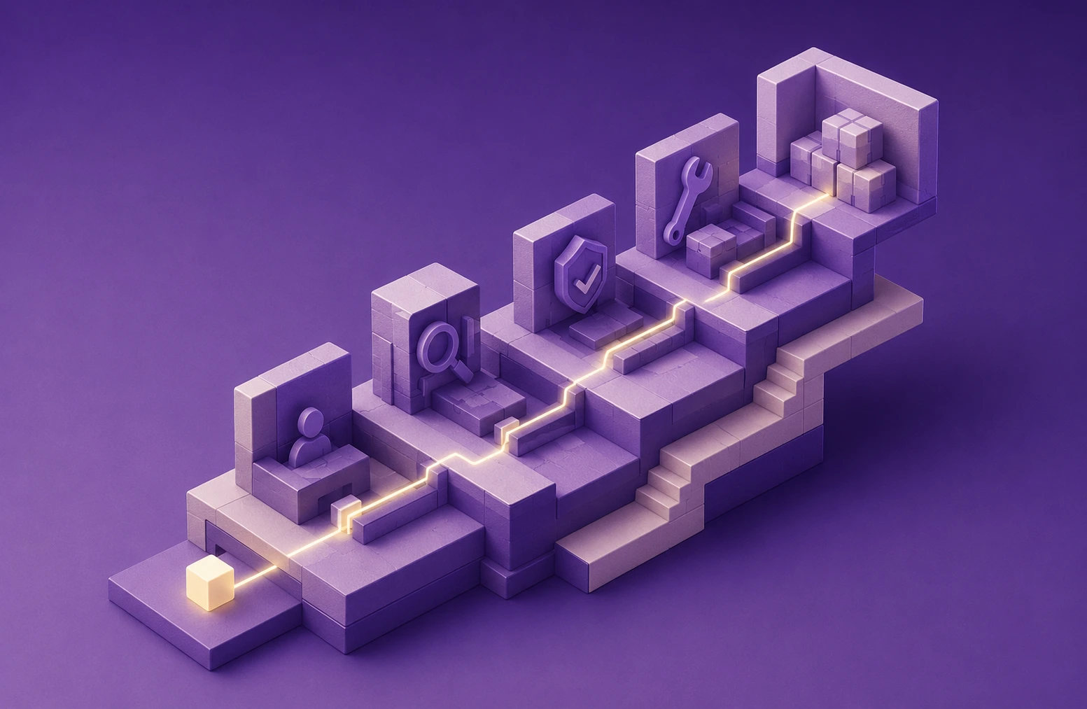 Isometric modular blocks on a purple gradient showing a warranty case moving through stacked processing stages.
