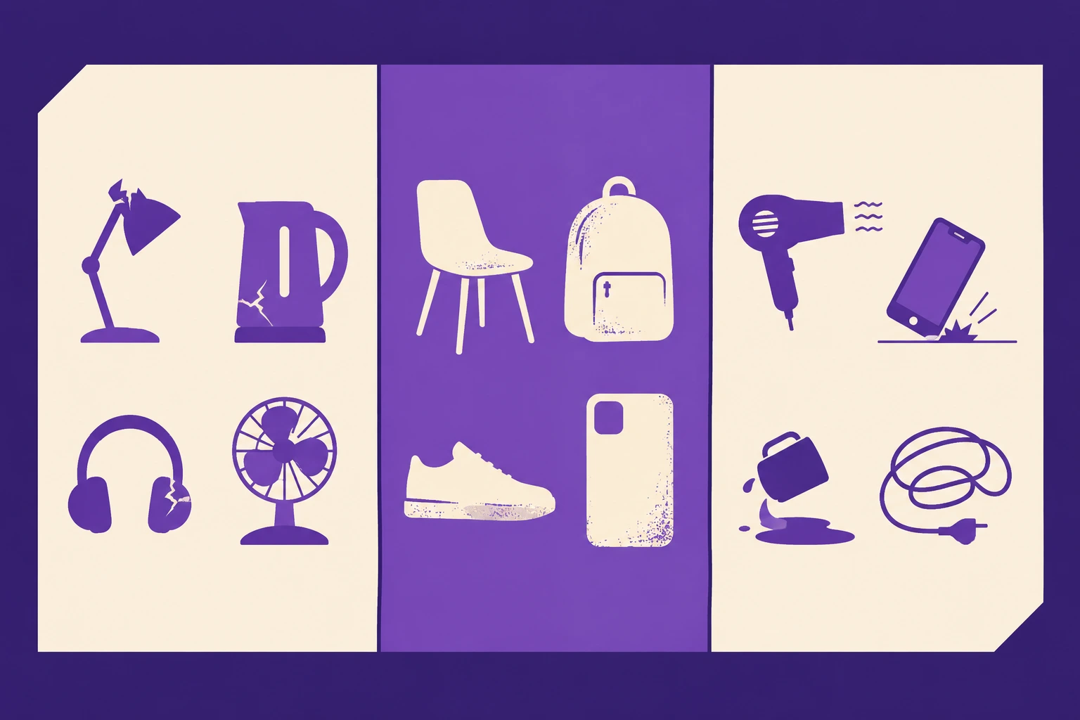 Flat geometric two-tone purple and cream illustration sorting product shapes into separate defect, wear, and misuse zones.