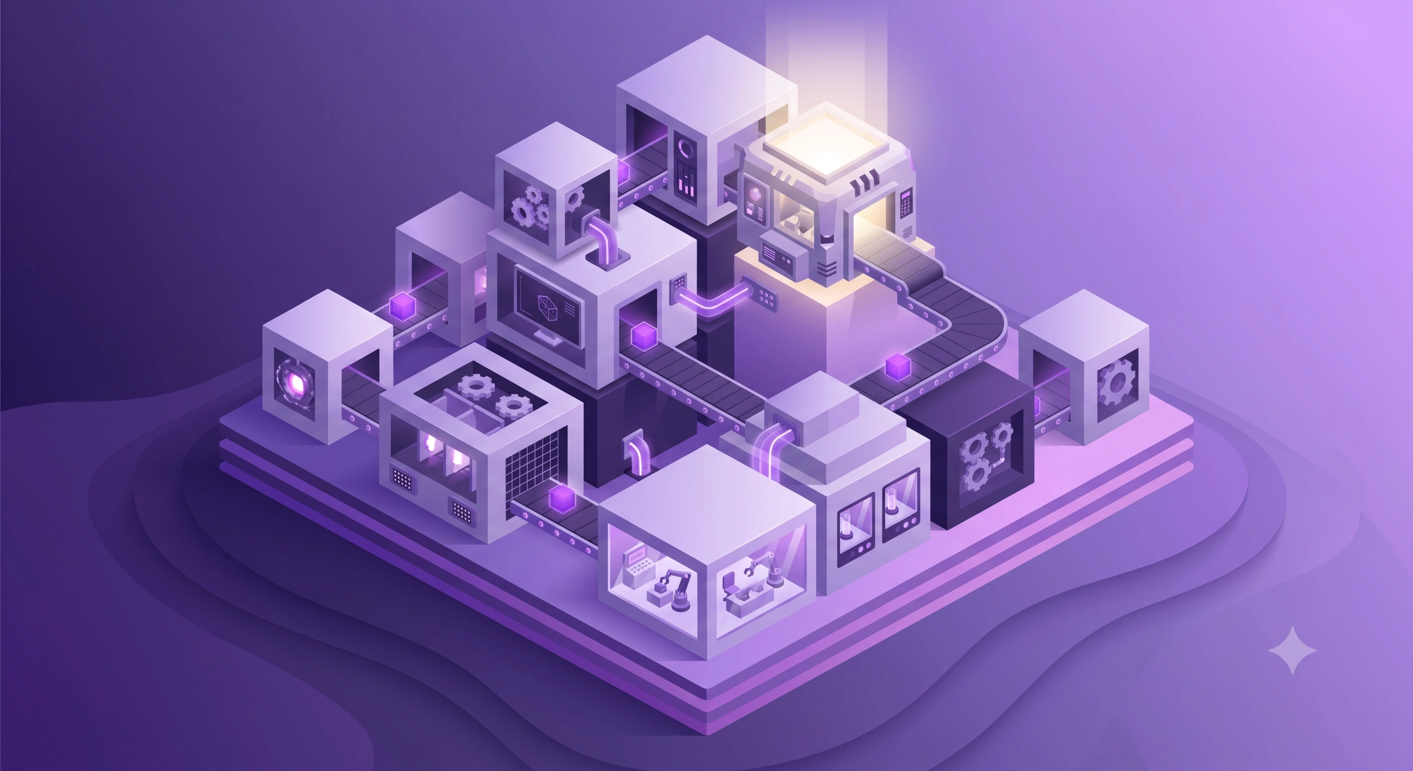 Isometric purple-gradient view of modular oversight blocks around an AI decision path with a human checkpoint token.