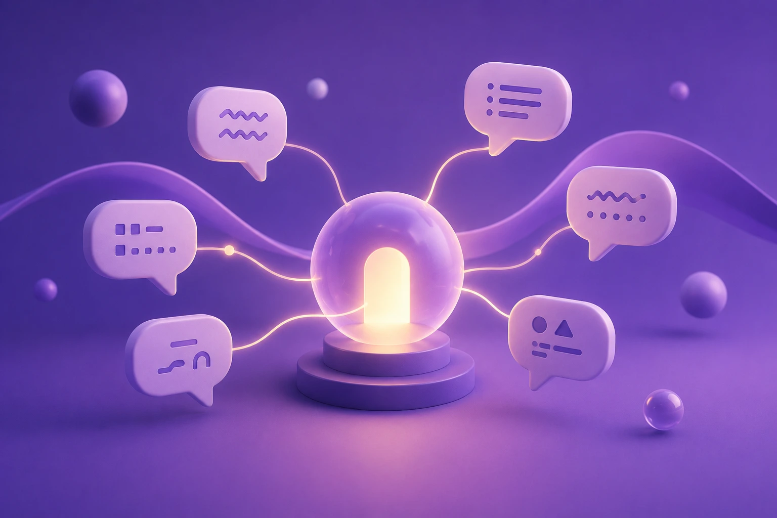 Soft 3D illustration of a returns portal orb radiating speech shapes in different scripts on a purple gradient.