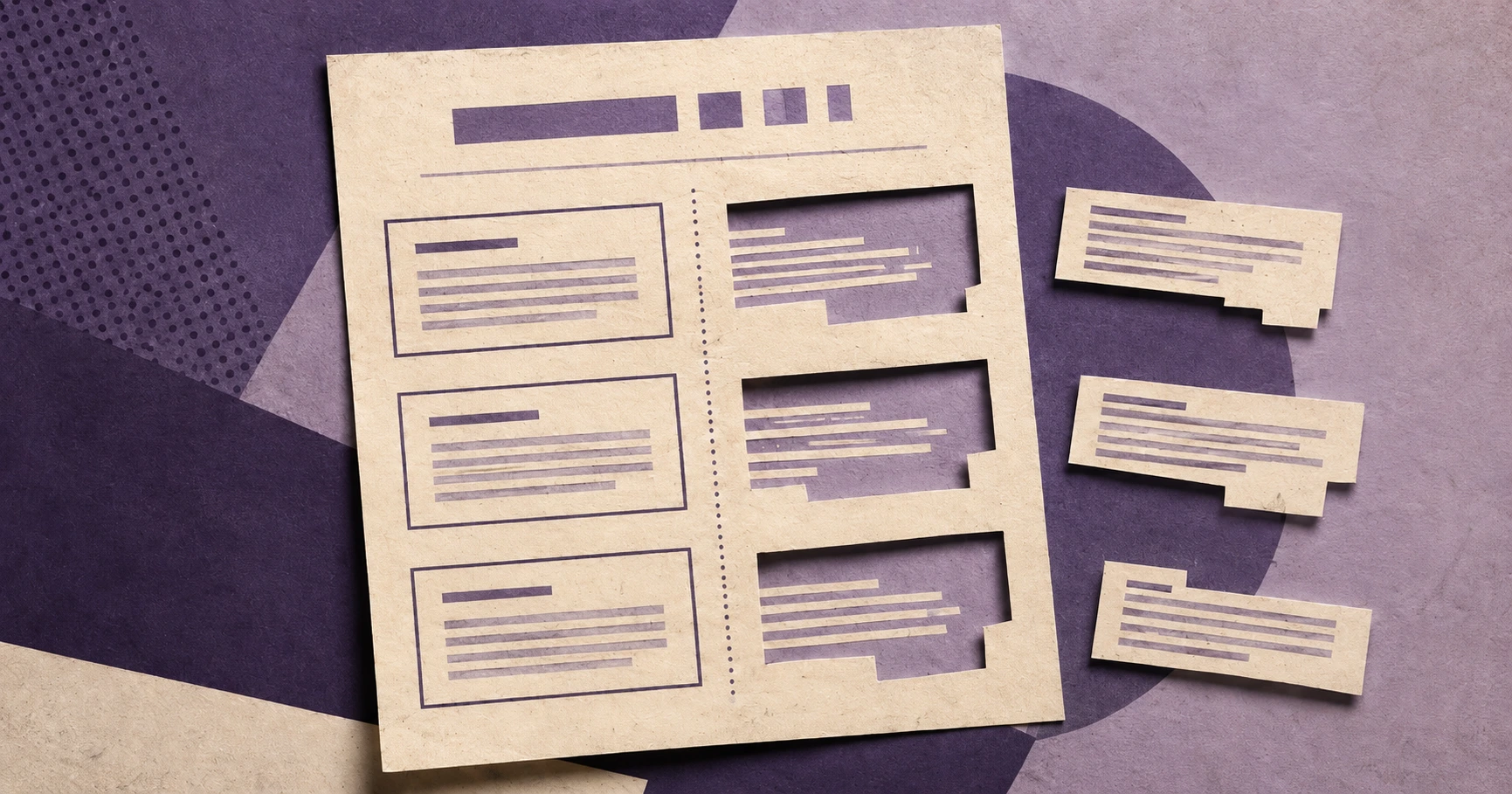 Editorial paper collage in soft purple of a warranty document with some clauses boxed and others cut away, asymmetric with grain.