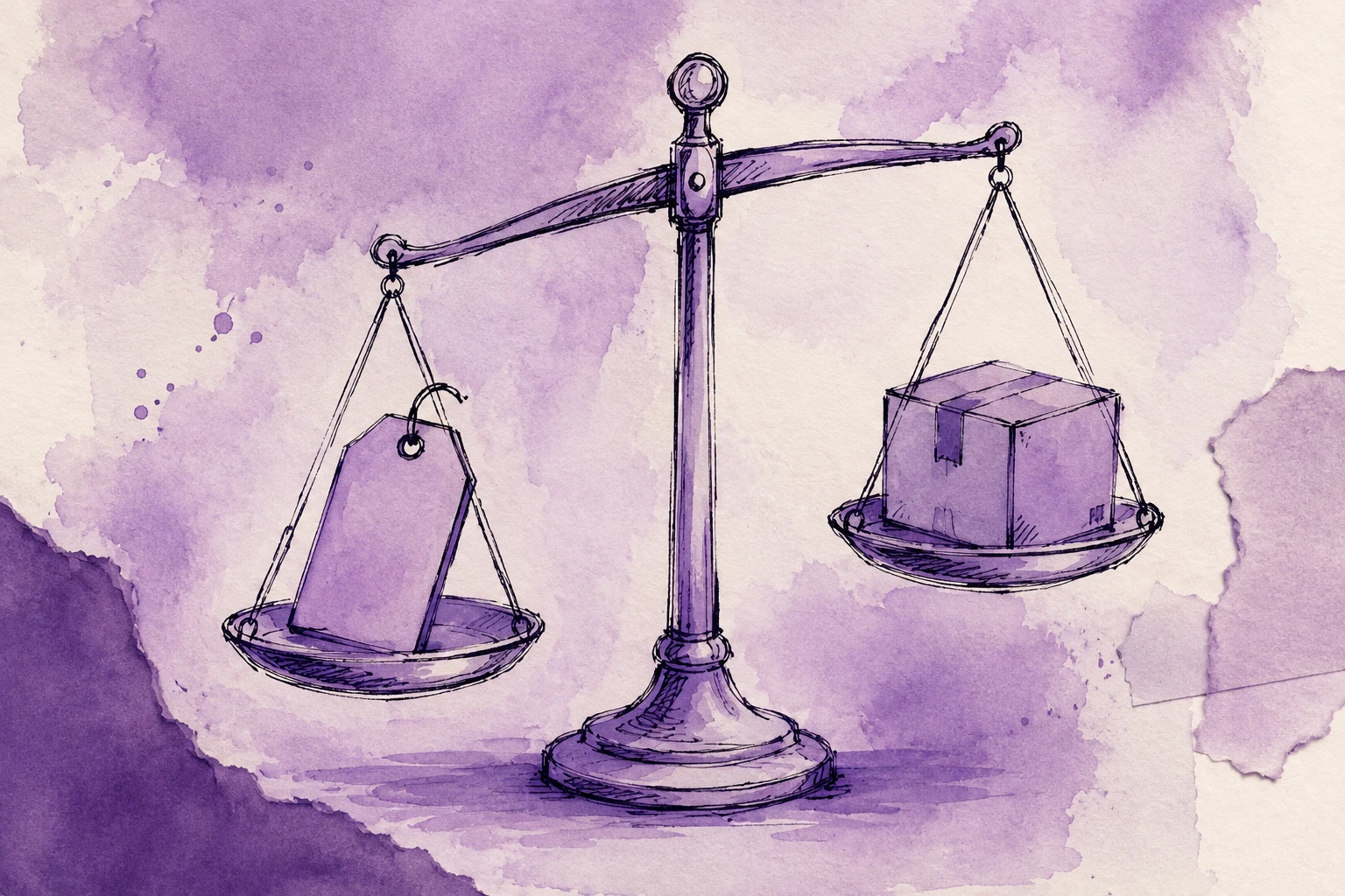 Hand-drawn sketch with watercolor purple wash of a balance scale weighing a shopping tag against a returning parcel, loose lines.