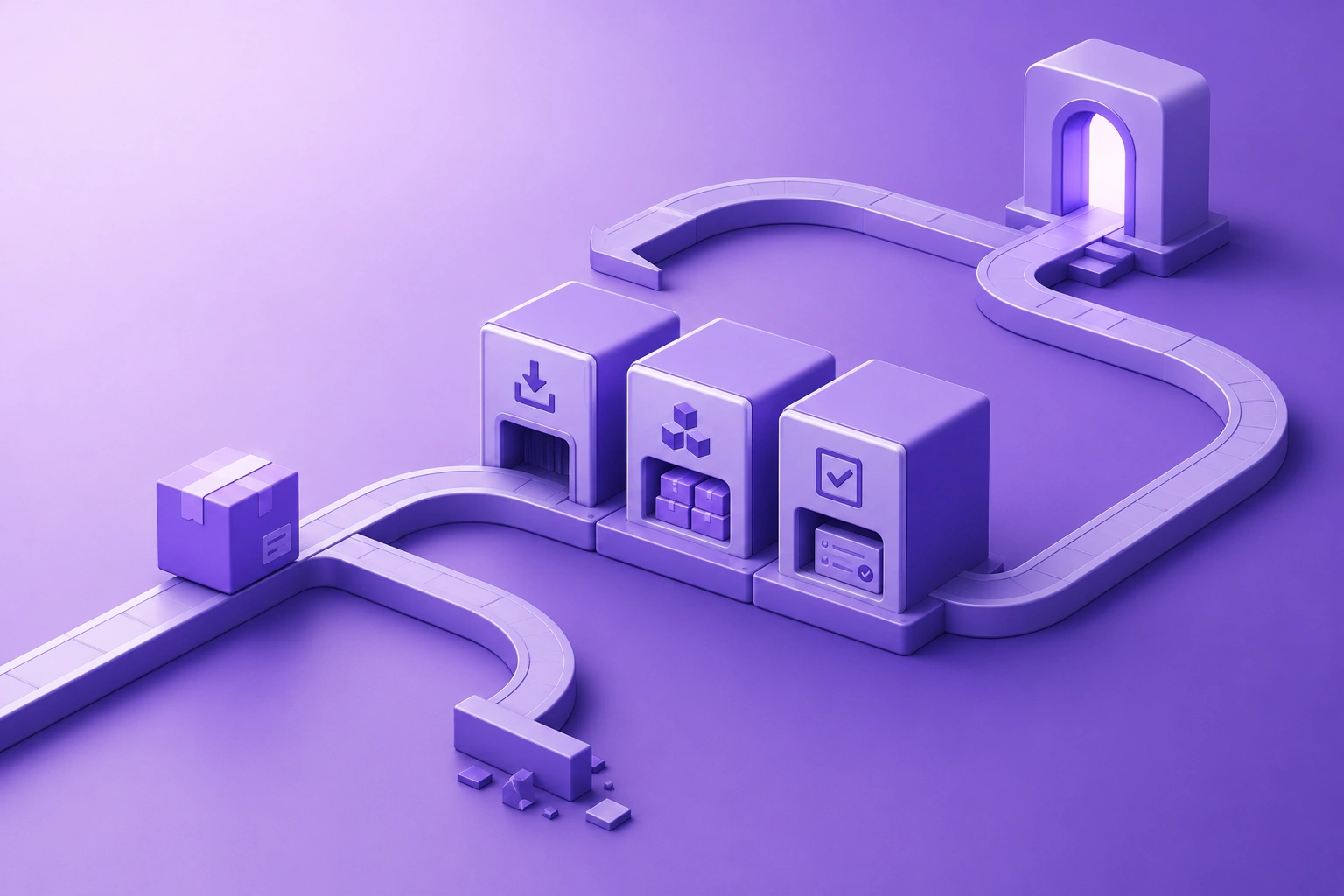 Isometric illustration of a parcel looping back into modular intake and inventory blocks on a purple gradient.
