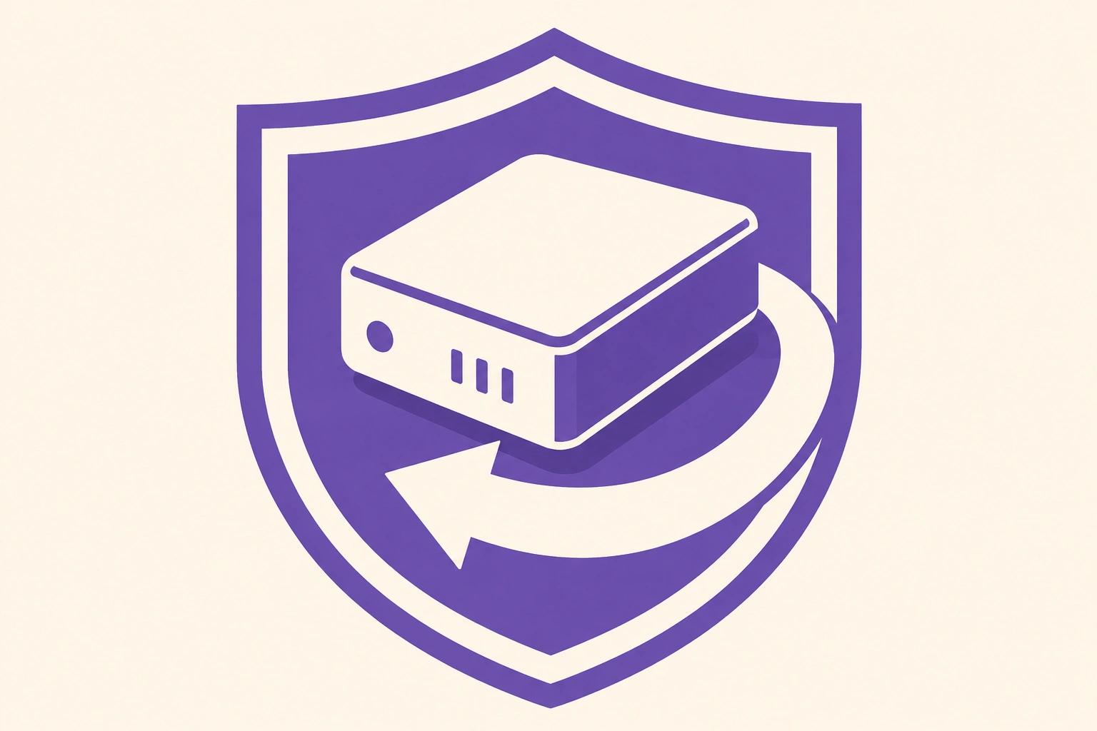 Flat geometric illustration of a refurbished device inside a shield shape, two-tone purple and cream, bold blocks.