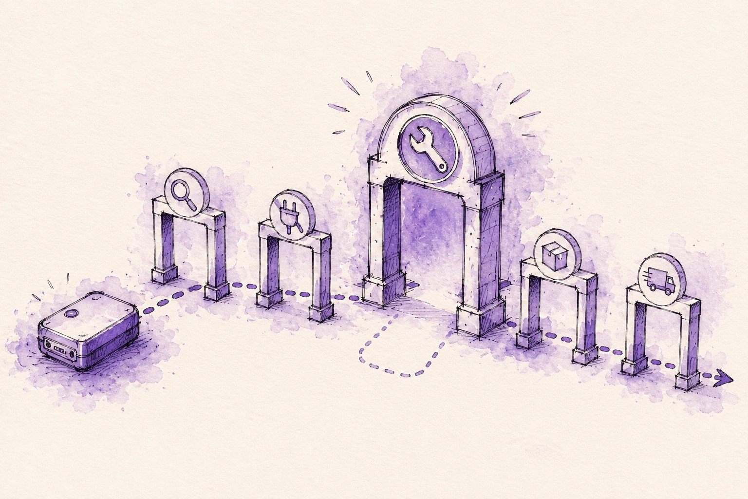 Hand-drawn sketch of a serialized device moving through identity, inspection, and quality checkpoints, loose purple watercolor lines.