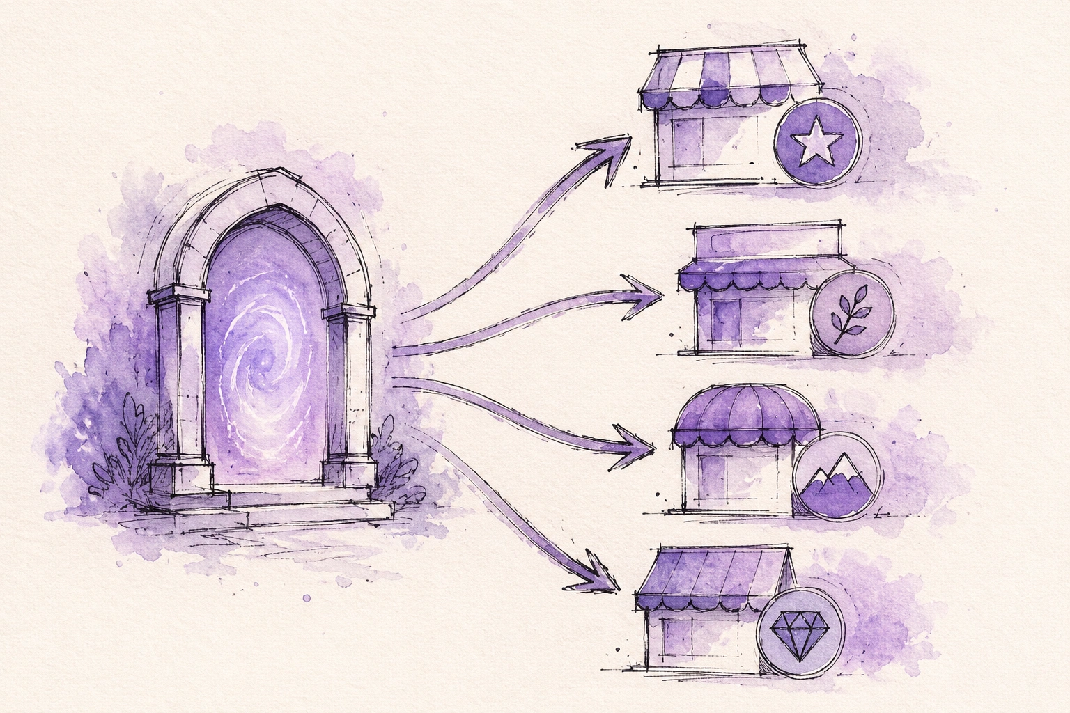 Hand-drawn sketch of one returns portal branching into several differently branded paths, loose watercolor purple wash.