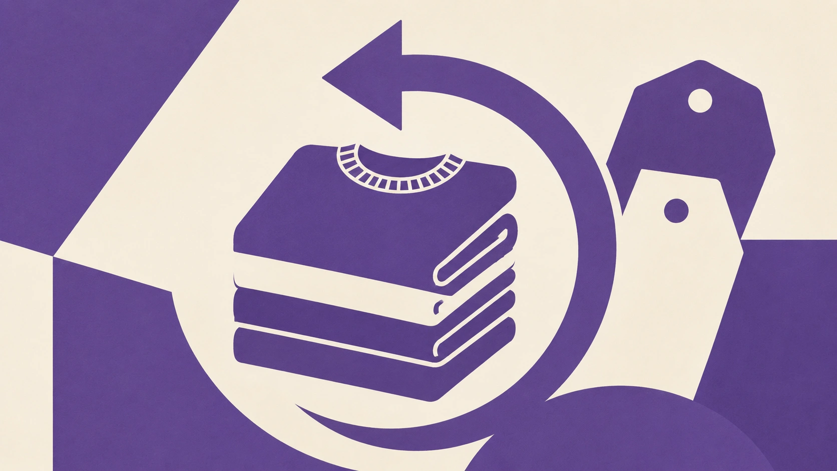 Flat geometric illustration of folded garments and a recycling loop in two-tone purple and cream, bold shapes.