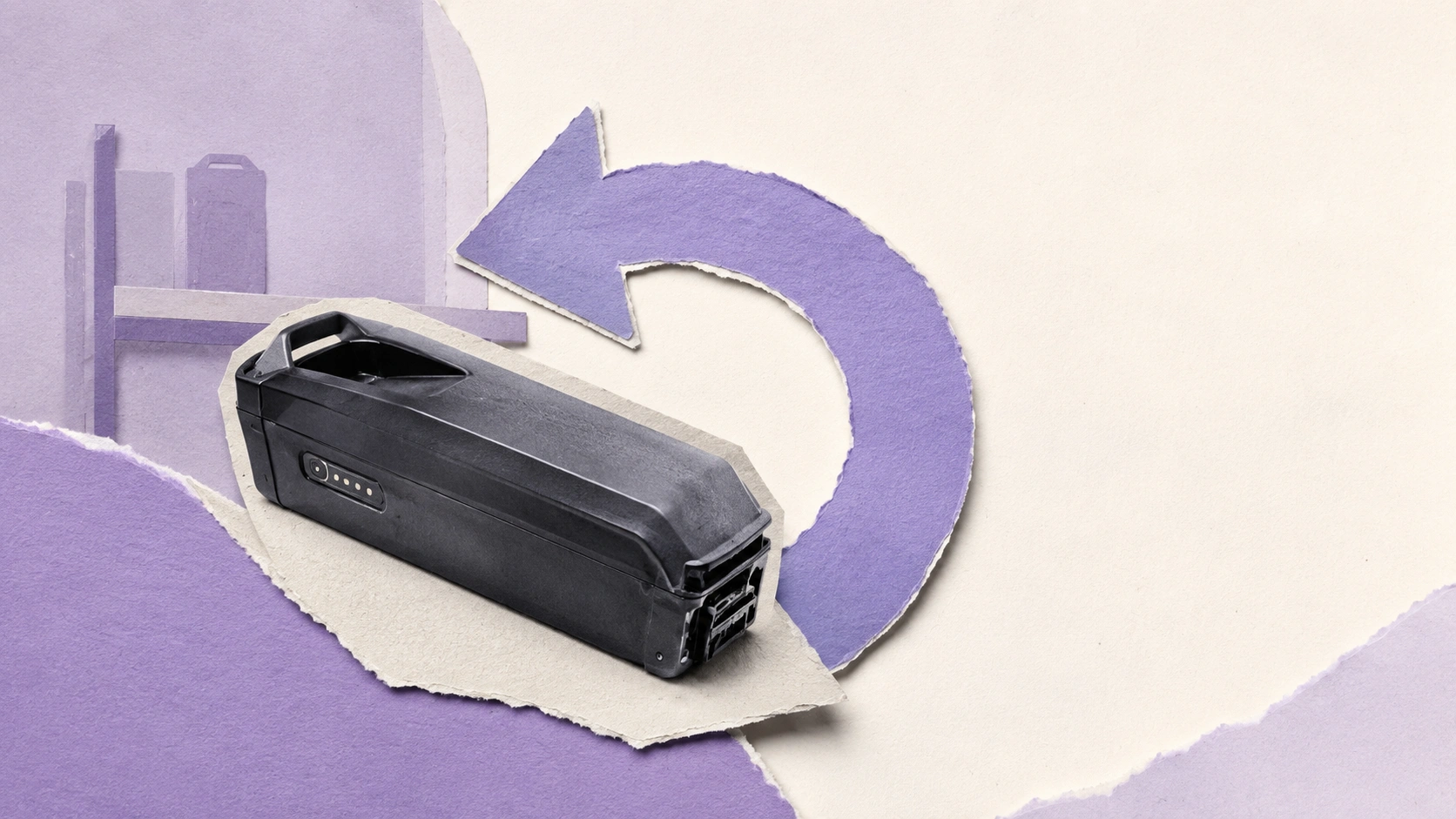 Editorial paper collage of a returned battery-powered device with a takeback arrow, soft purple, asymmetric layout.