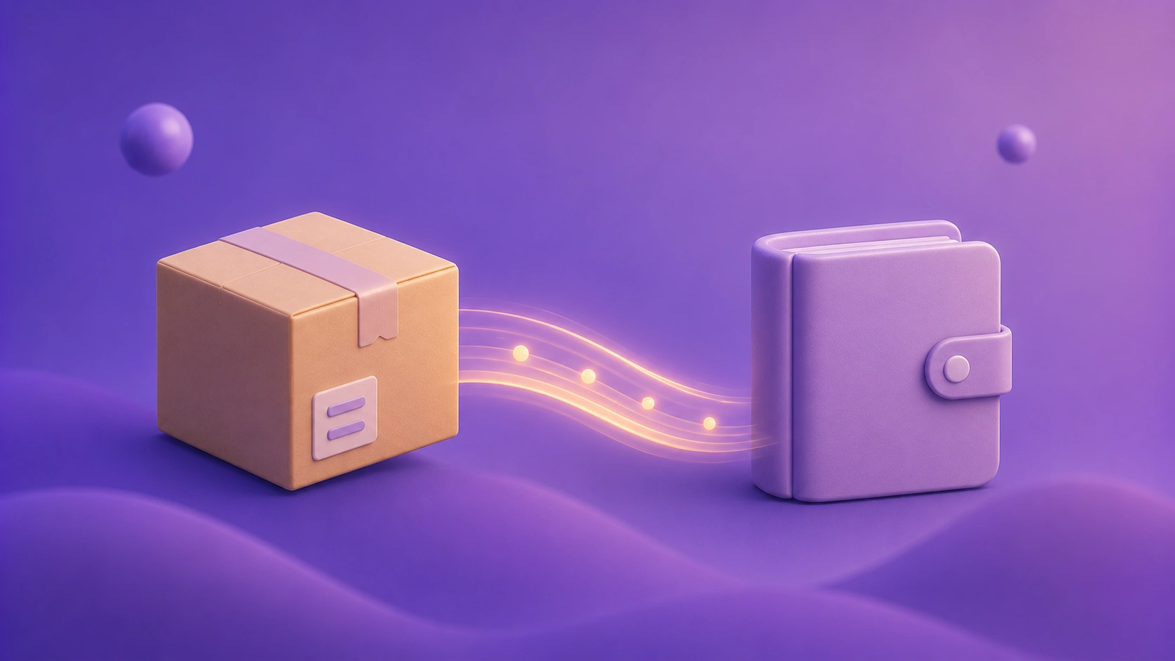 A 3D illustrated return box linked by a glowing ribbon to a soft ledger-book shape on a soft purple gradient, signalling returns and warranty data flowing into a finance system.