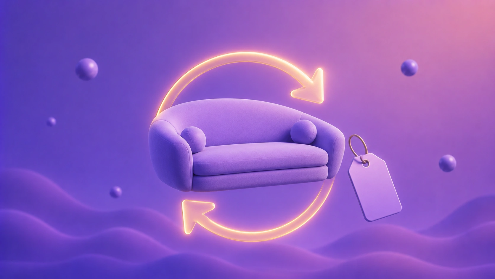 A 3D illustrated product passing back into a circular return-and-resale arrow loop with a small value tag on a soft purple gradient, signalling a trade-in and buyback program.