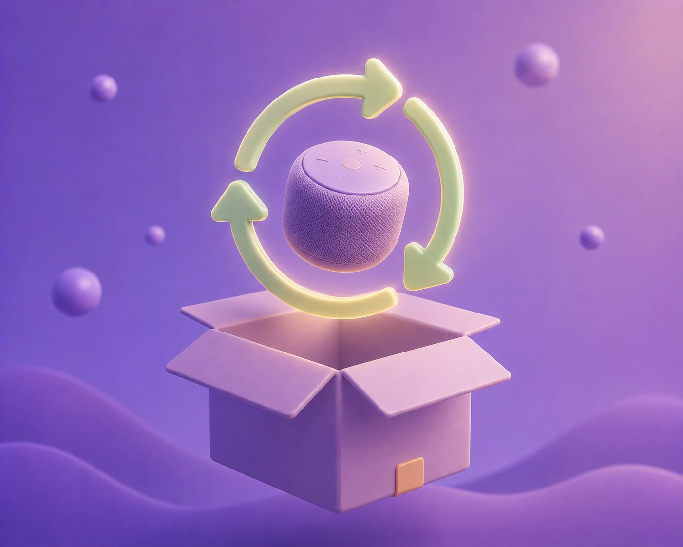 A 3D illustrated electronic device inside a circular recycling-arrow badge floating above an open return box on a soft purple gradient, signalling e-waste take-back at returns.