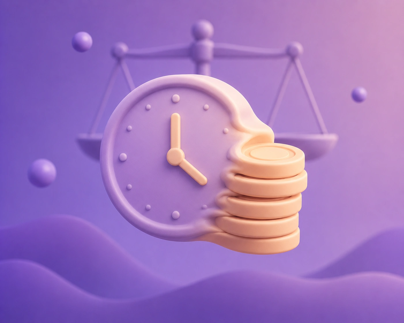 A 3D illustrated calendar dial bending into a financial coin stack on a soft purple gradient, showing warranty period length weighed as a cost decision.