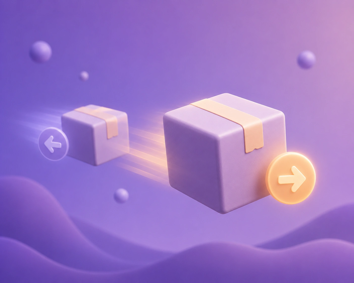 A 3D illustrated cardboard box with a circular return-arrow badge passing a second identical box mid-air over a soft purple gradient, showing a replacement shipped before the original comes back.