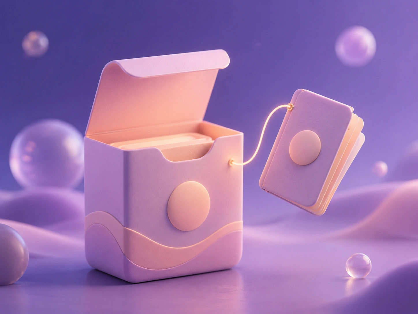 Soft 3D illustration of a pastel product box with a small glowing passport tag floating beside it on a purple gradient with orbs