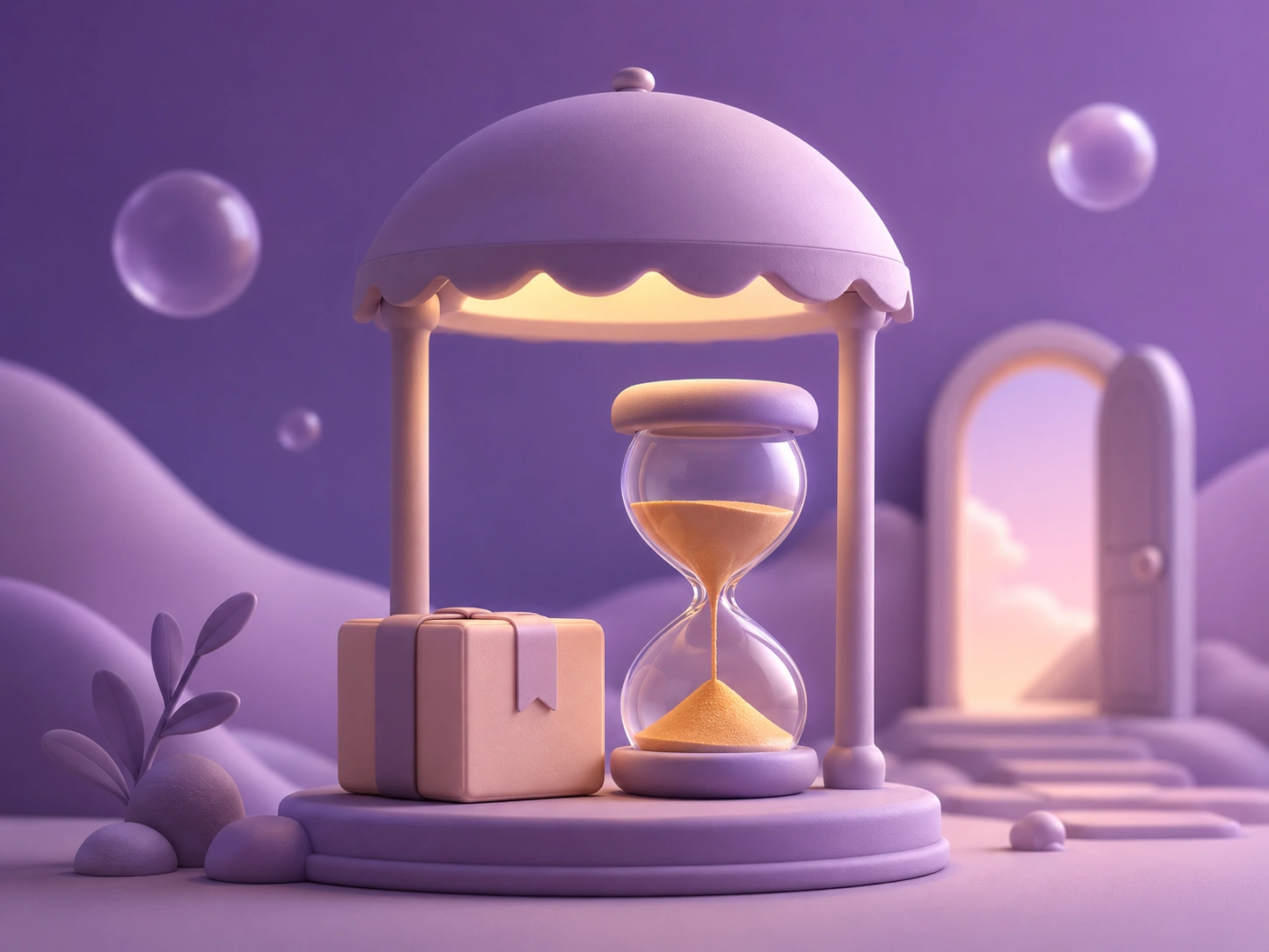 Soft 3D illustration of a pastel parcel resting beside a rounded hourglass under a small glowing canopy on a purple gradient with orbs