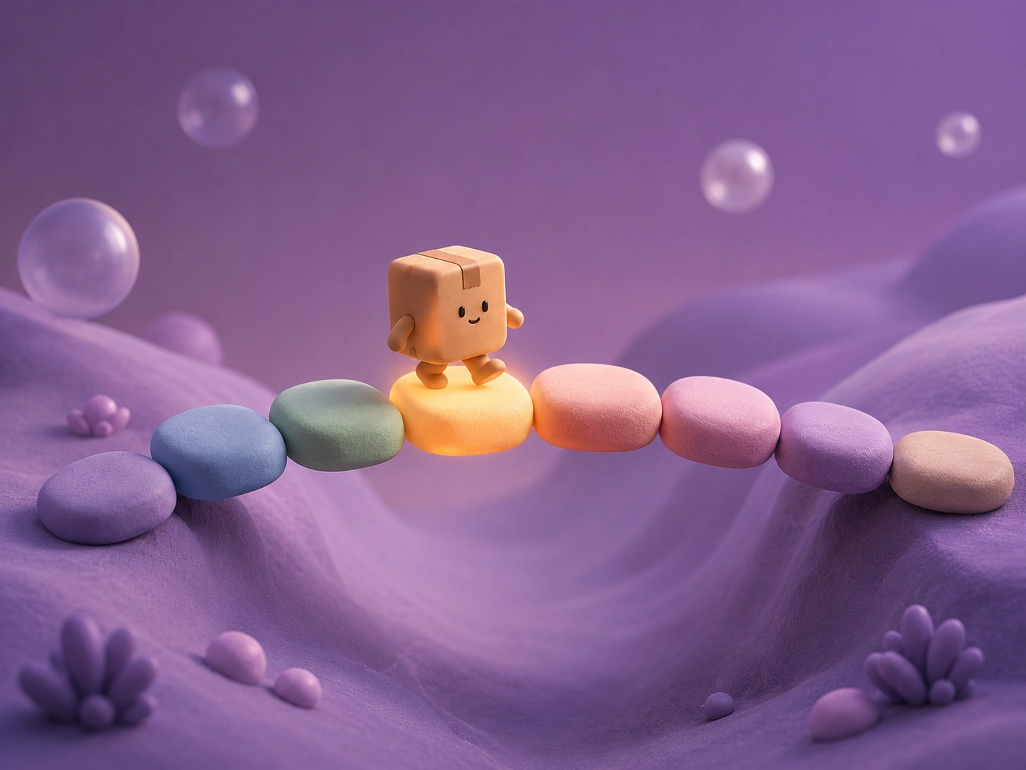 Soft 3D illustration of eight pastel stepping stones crossing a purple gradient valley, one stone glowing amber, with floating orbs