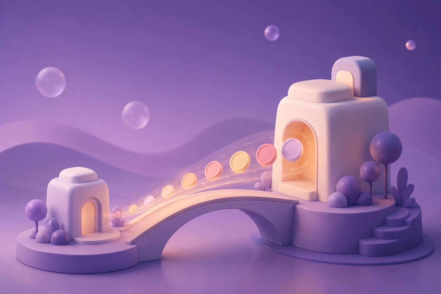 Soft 3D illustration of pastel coins flowing back across a bridge between two abstract buildings on a purple gradient with orbs