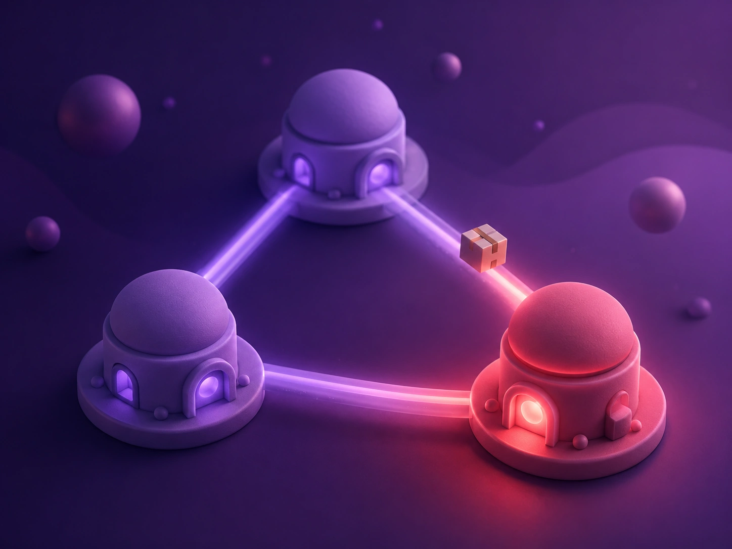 Soft 3D illustration of three pastel nodes connected in a triangle with one node glowing red, floating over a purple gradient